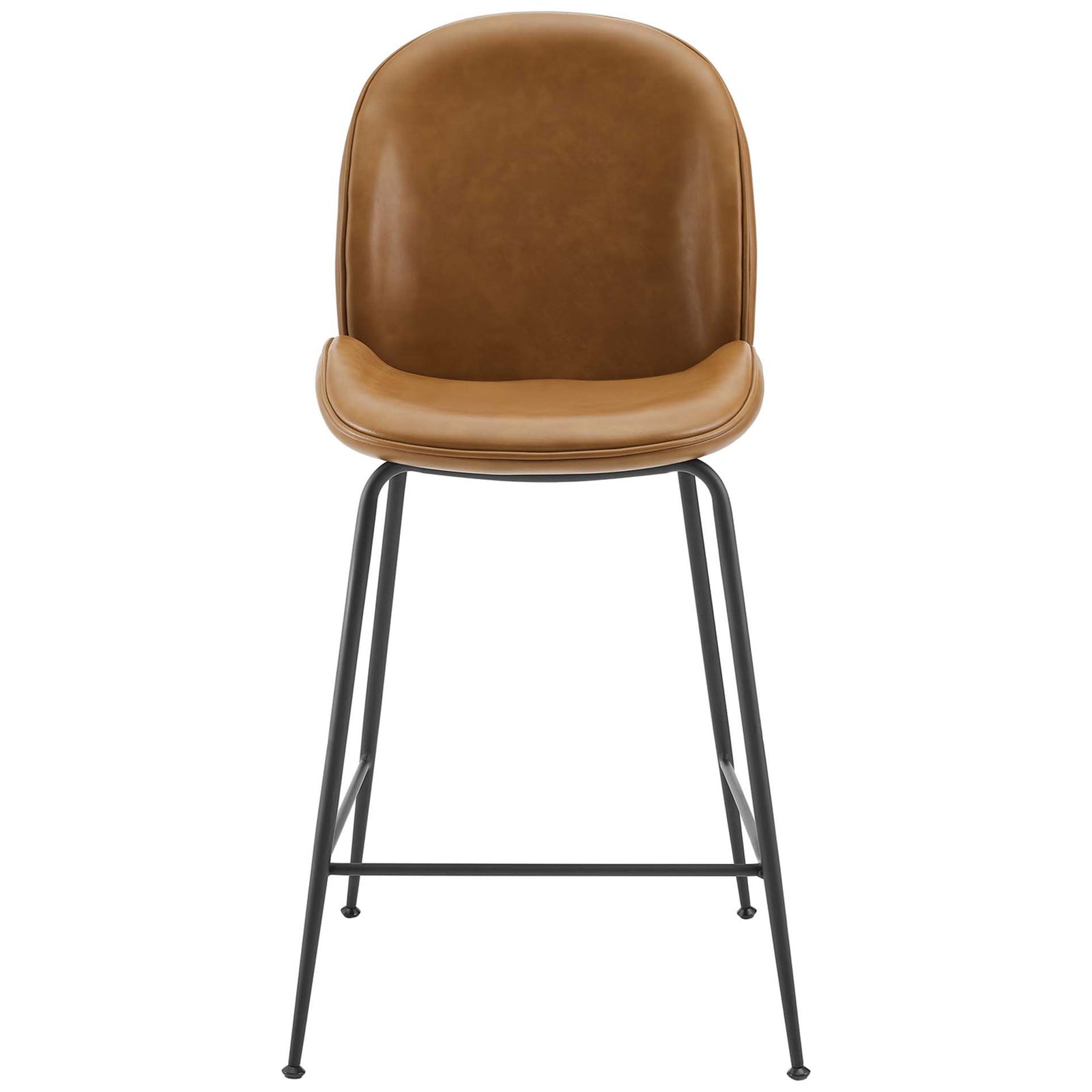 Tan vegan leather counter stool with curved back, plush seat, and black powder-coated steel legs with footrest || EEI-4638-TAN || front_studio