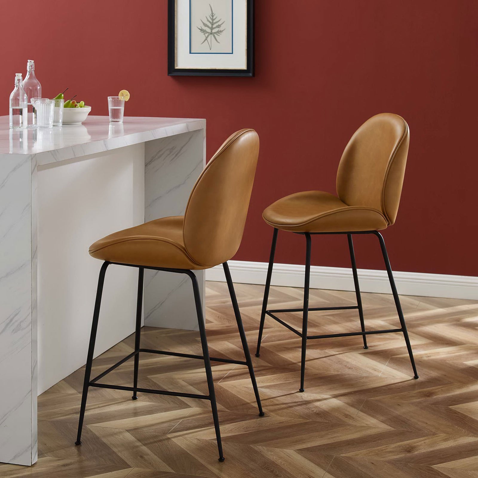 Modern tan stool with plush seat and black steel legs lends warm, mid-century charm to the kitchen || EEI-4638-TAN || front_angle_room
