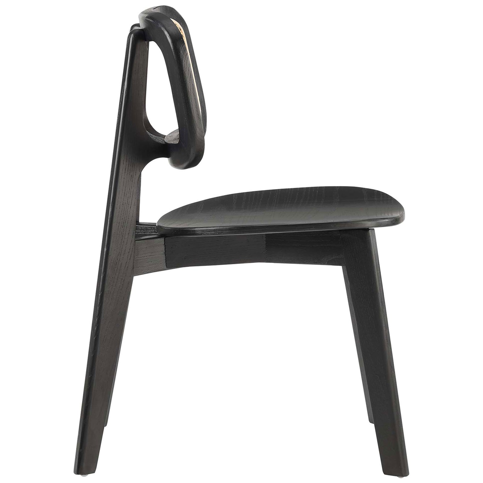 Slim silhouette showcases the sculpted black frame and curved seat of this cane back dining chair || EEI-4645-BLK || side_studio