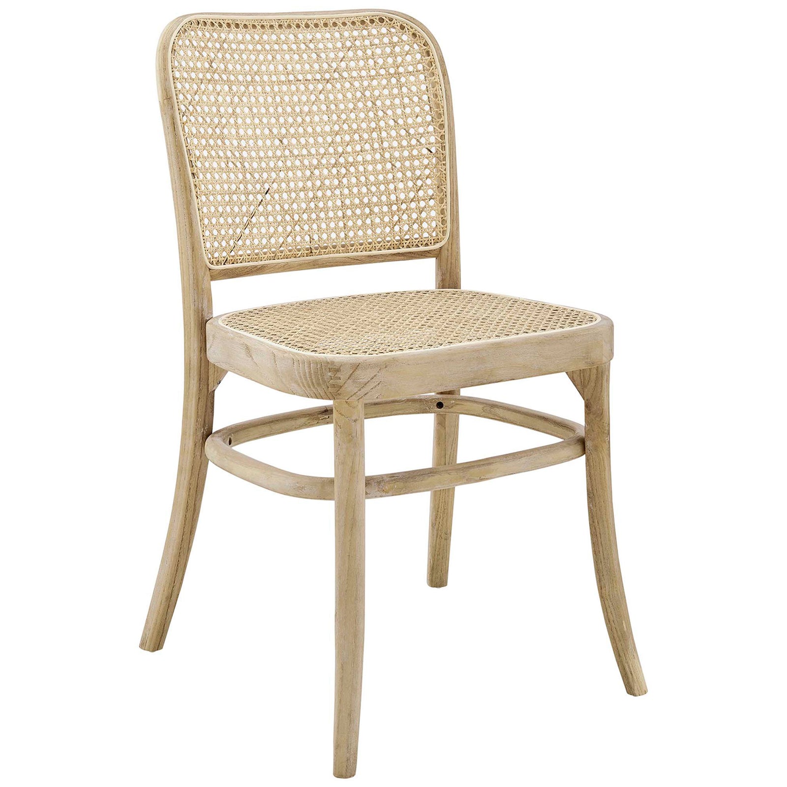 Cane dining chair featuring rounded elm wood frame, woven rattan seat, and gently flared legs. || EEI-4646-GRY || front_angle_studio