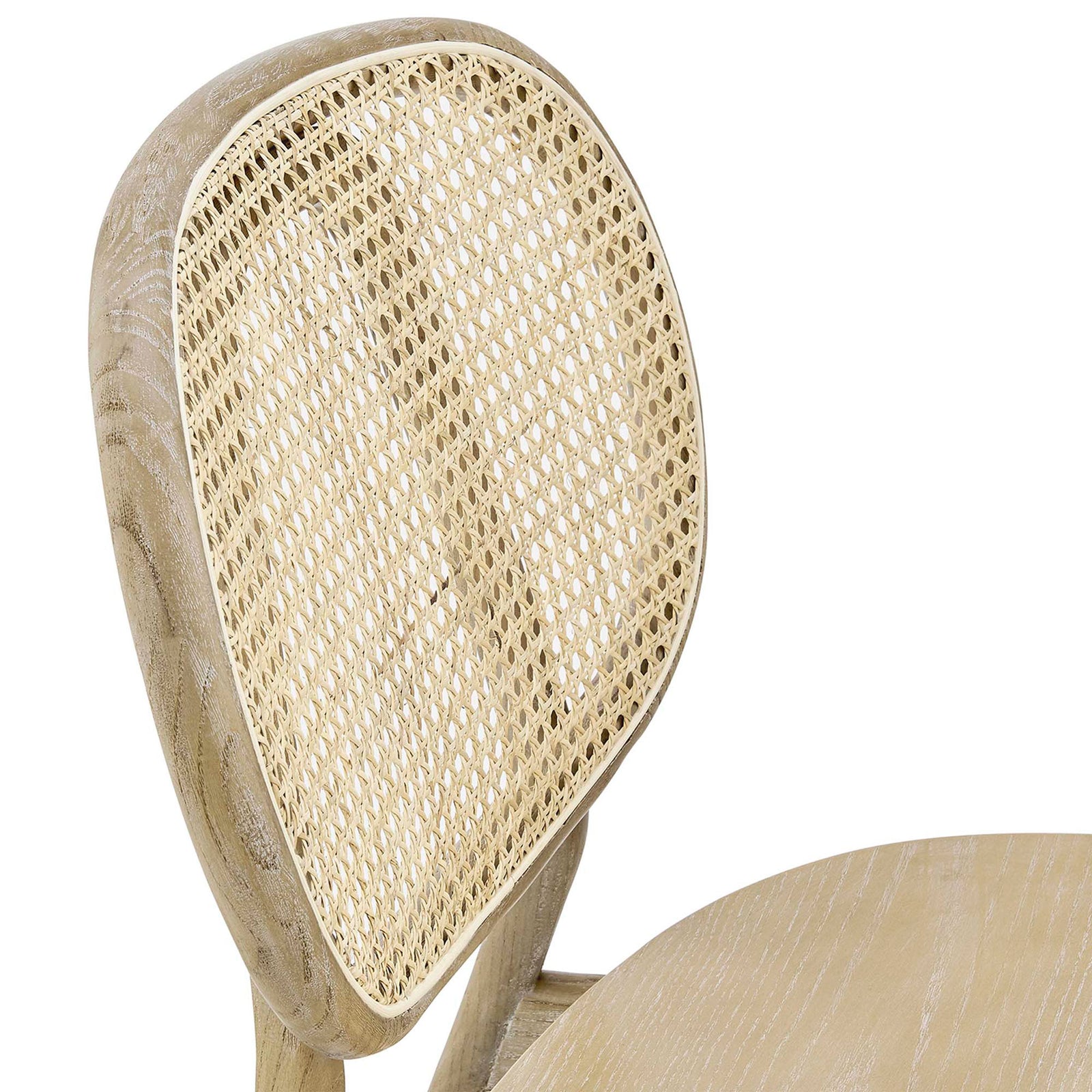 Woven rattan cane backrest showcases airy texture and detailed craftsmanship on this wood dining chair || EEI-4649-GRY || detail_studio