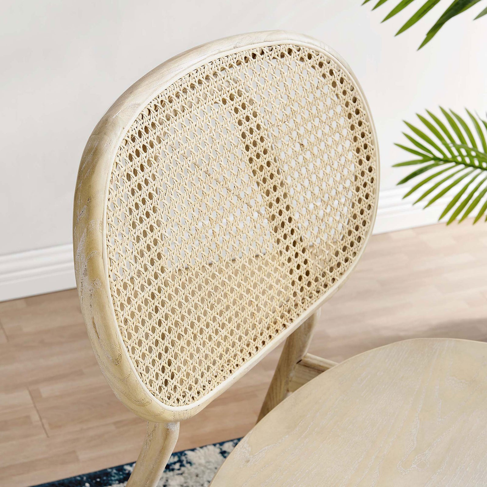 Cane-back dining chair adding natural texture and light wood warmth to a modern coastal room || EEI-4649-GRY || detail_room