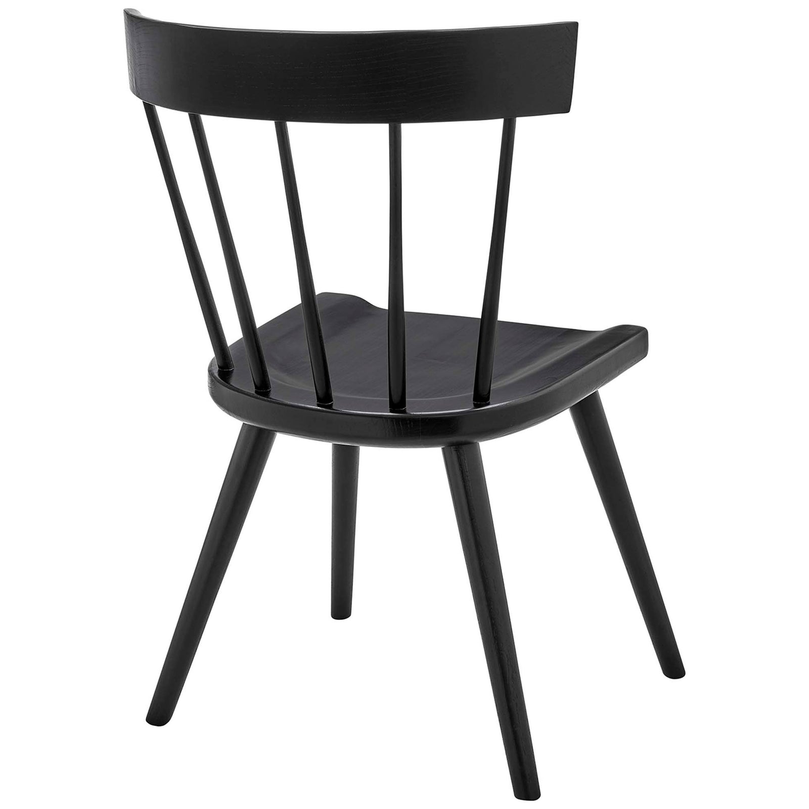 Black dining chair featuring a graceful curved back rail, slender vertical spindles, and angled legs for modern farmhouse style. || EEI-4650-BLK || back_angle_studio