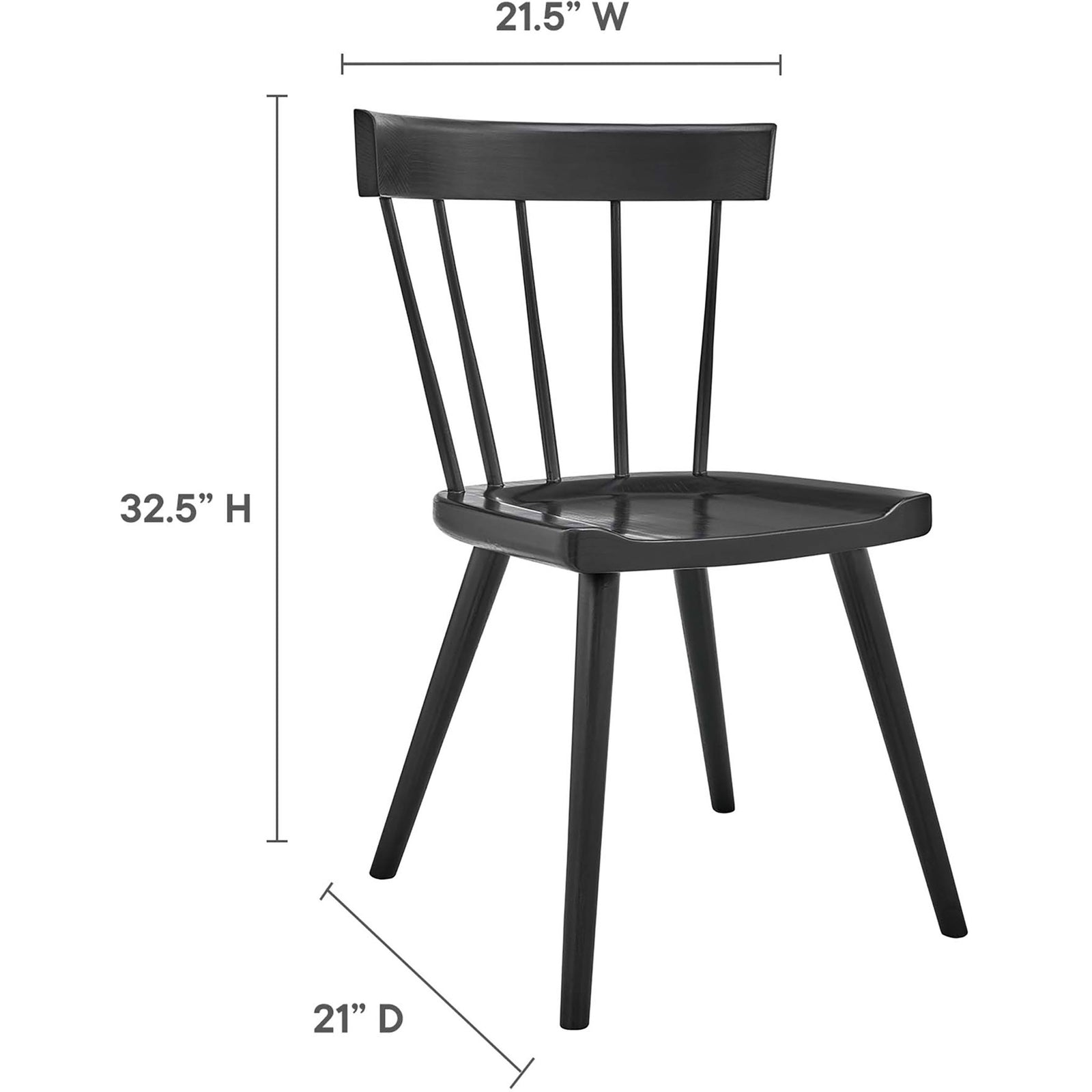 Black dining chair with height, width, and depth measurements clearly labeled for accurate room planning. || EEI-4650-BLK || dimension_studio