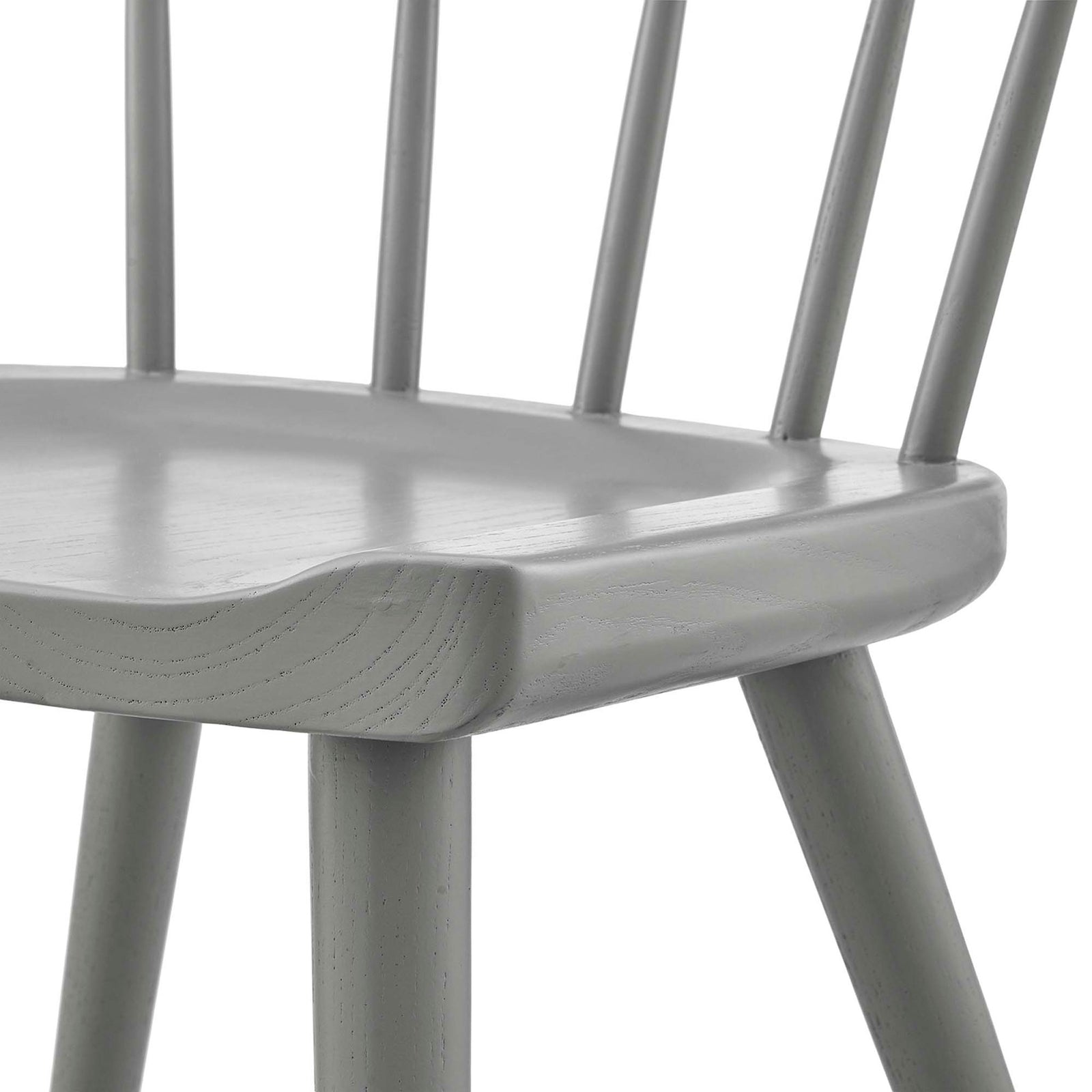 Smooth contoured wood seat and visible grain showcase the quality craftsmanship of this light gray chair. || EEI-4650-LGR || detail_studio
