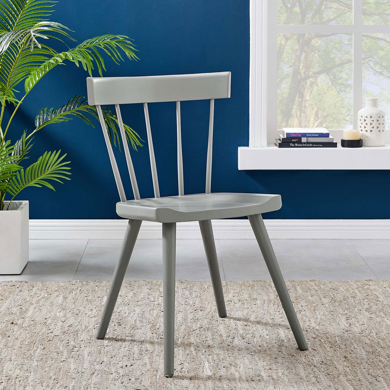 Light gray wood dining chair brings modern farmhouse style to a bright, inviting dining nook. || EEI-4650-LGR || front_angle_room