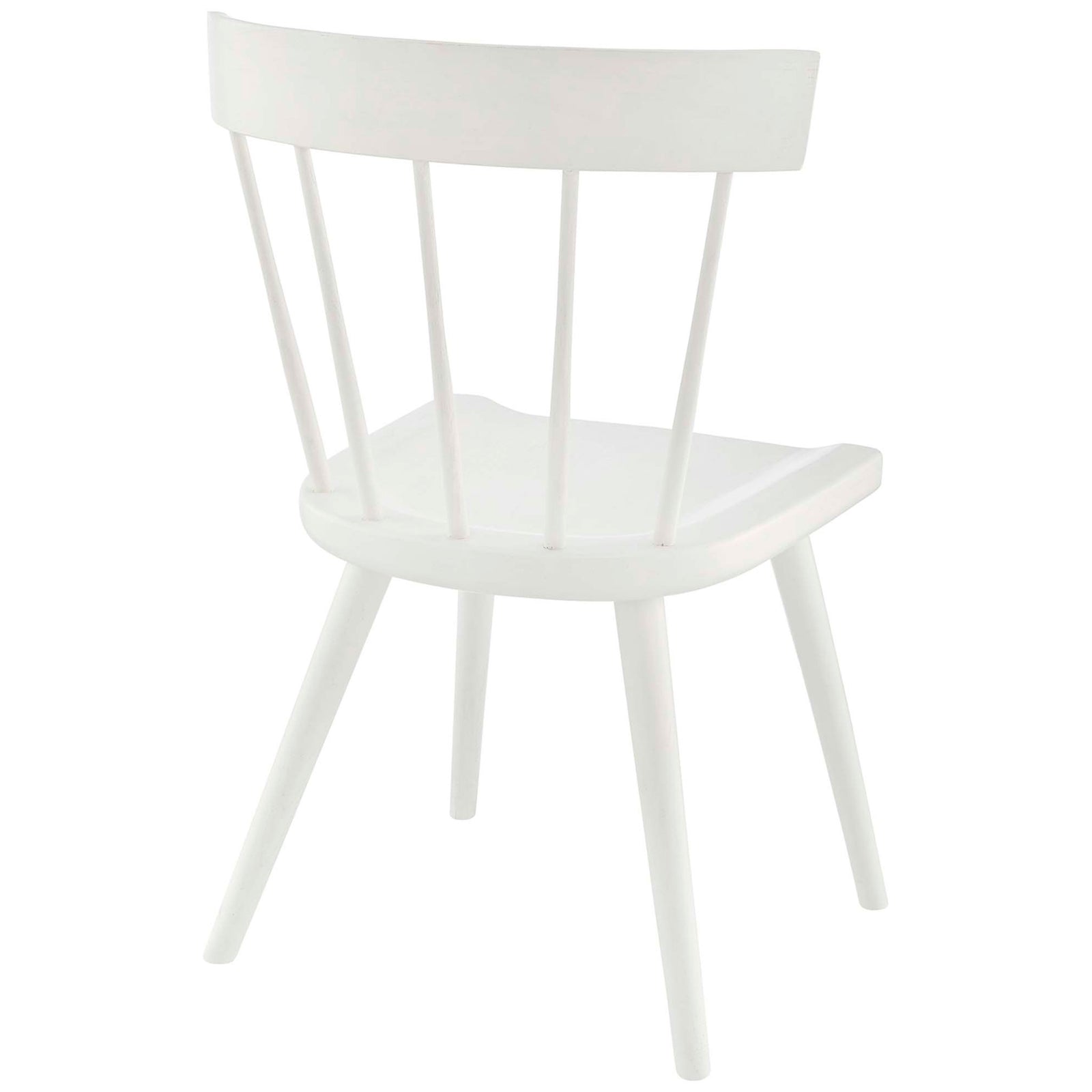 White dining chair showcasing the curved back rail and slim spindles for airy, open support || EEI-4650-WHI || back_angle_studio