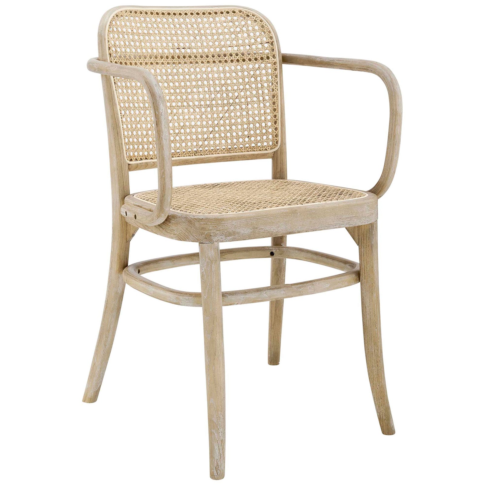 Curved arm dining chair with airy woven rattan cane and light wood finish || EEI-4651-GRY || front_angle_studio