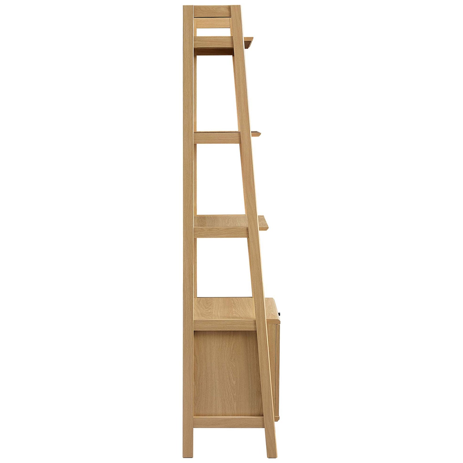 Angled oak frame with airy profile, stable legs, and three shelves above a discreet cabinet || EEI-4655-OAK || side_studio