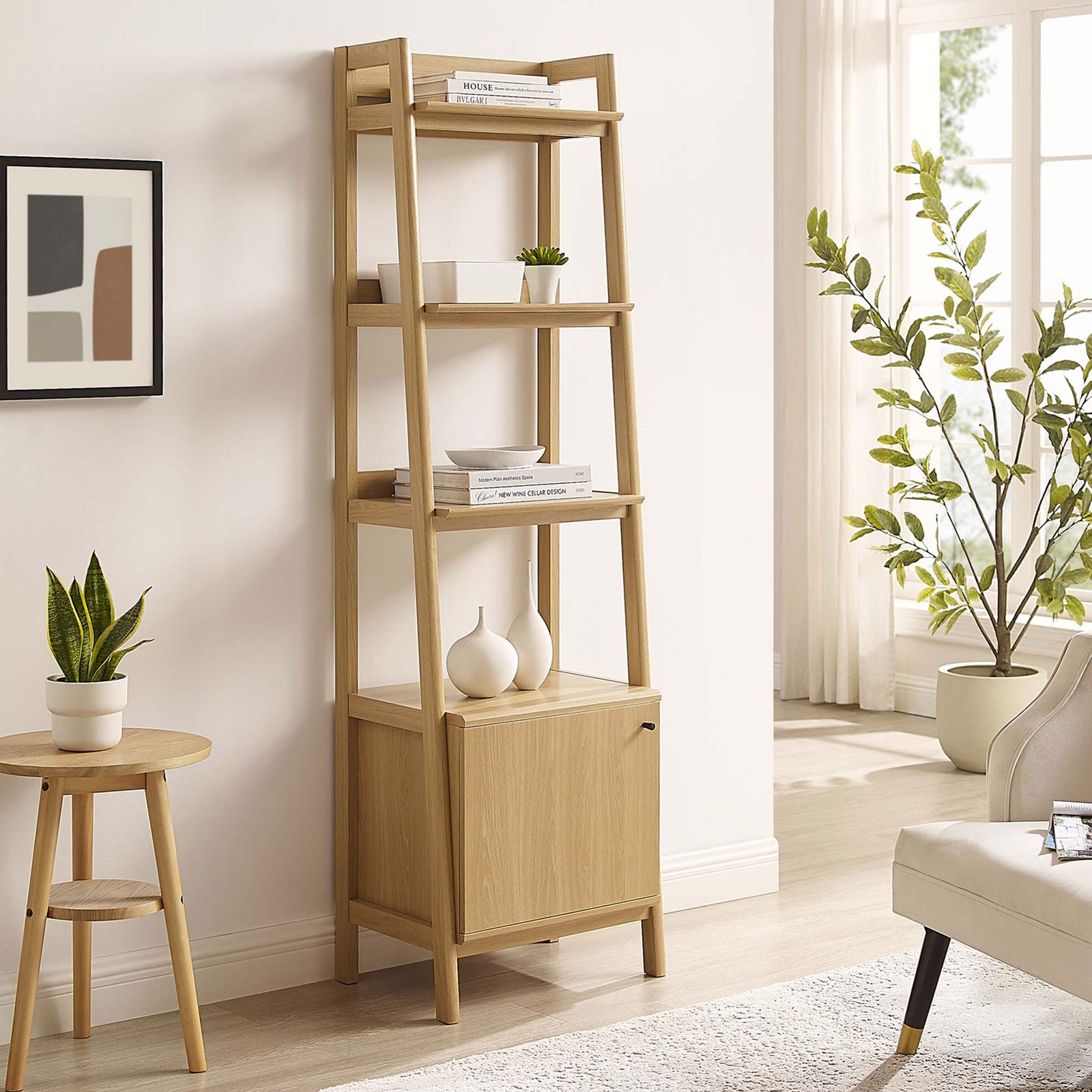 Modern oak bookcase elevates your space with three shelves and a hidden storage cabinet || EEI-4655-OAK || front_angle_room