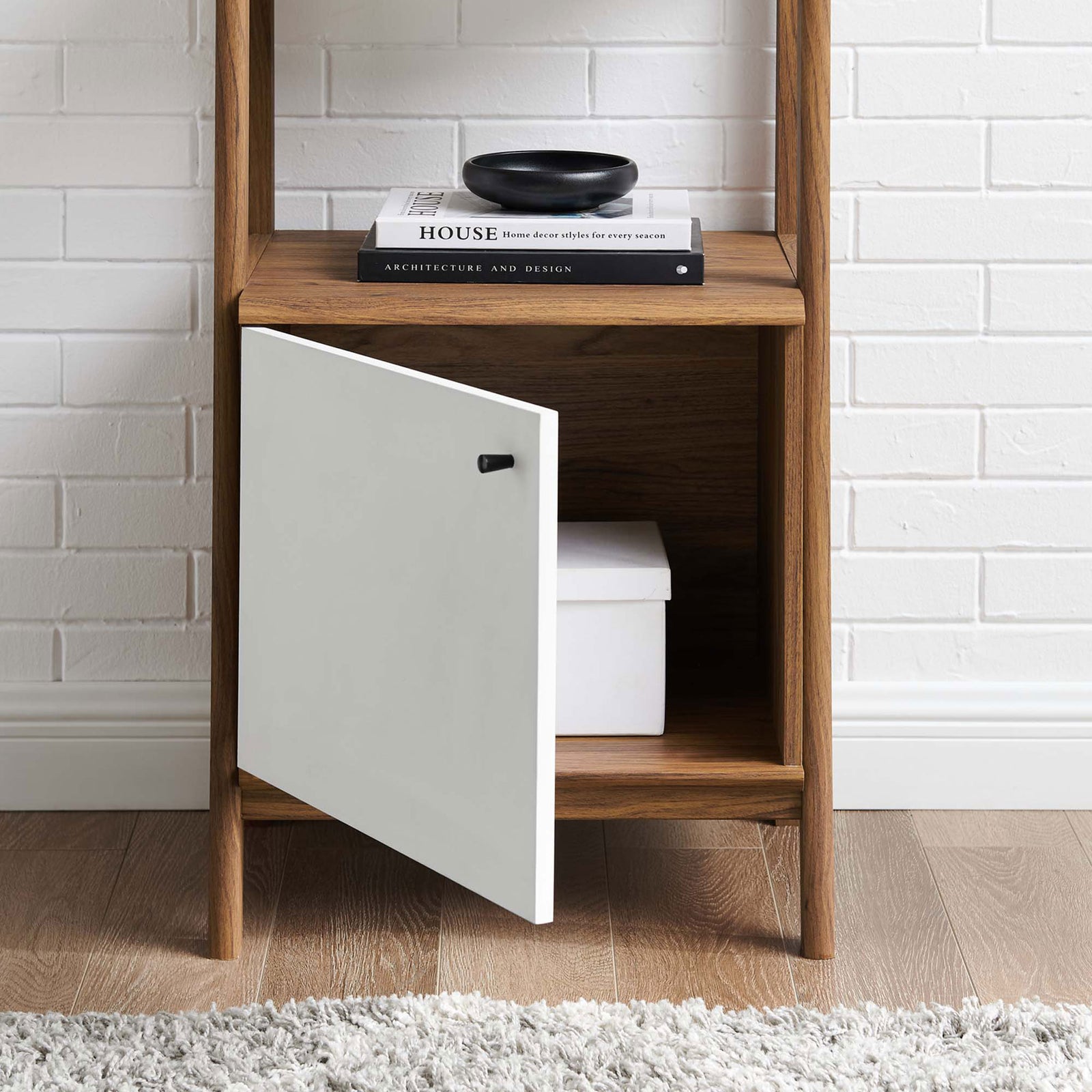 Lower cabinet provides hidden storage to tuck away essentials within easy reach || EEI-4655-WAL-WHI || storage_open_room