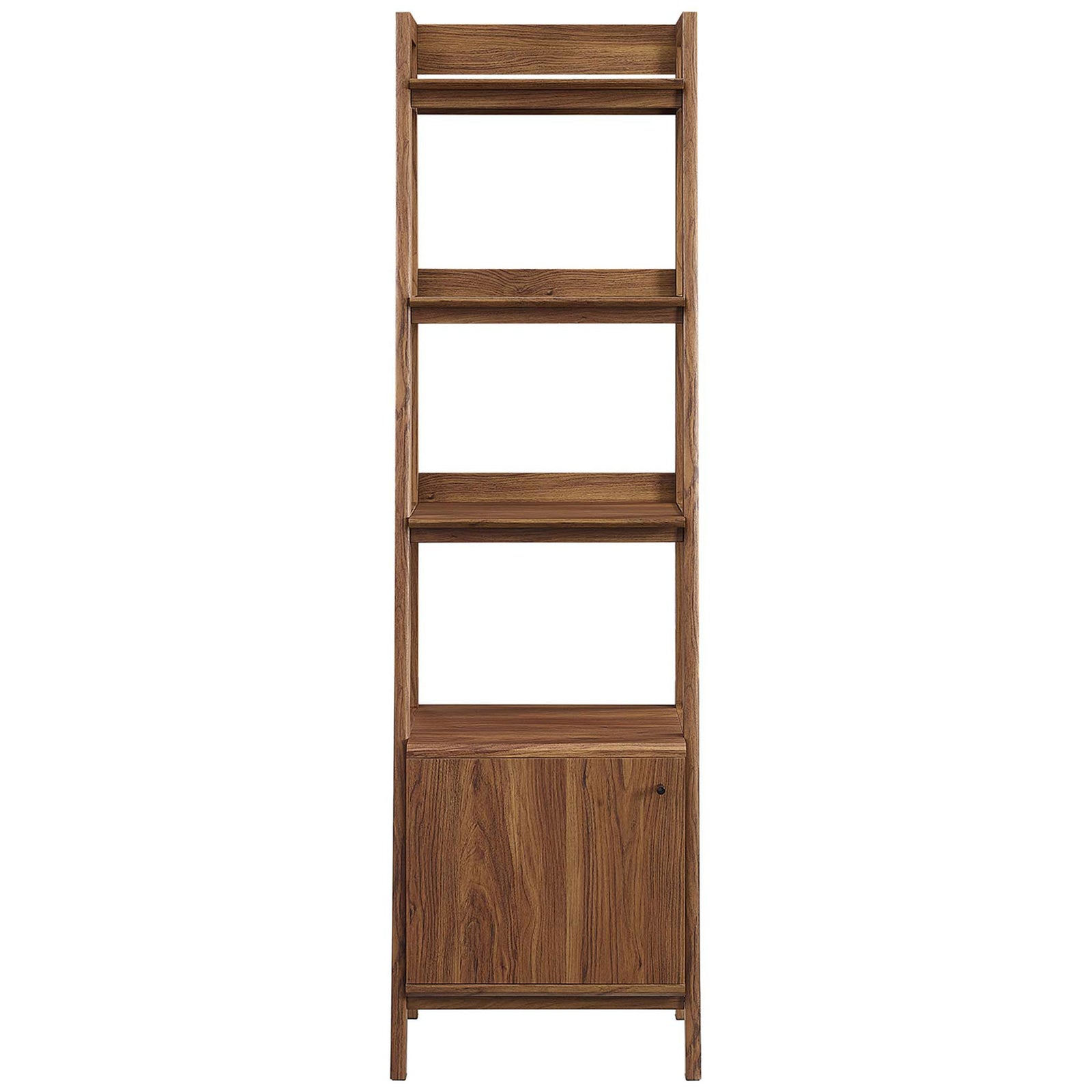 Clean-lined walnut bookcase with three shelves and a bottom cabinet to hide everyday essentials || EEI-4655-WAL || front_studio