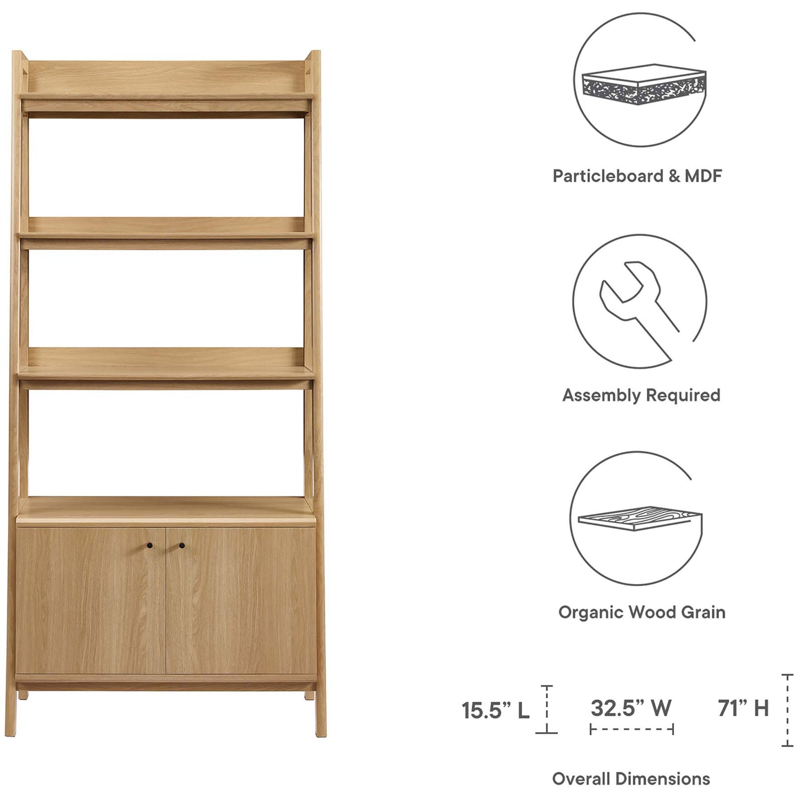 Feature highlights and overall dimensions showcase durable construction and organic wood grain finish || EEI-4656-OAK || dimension_studio