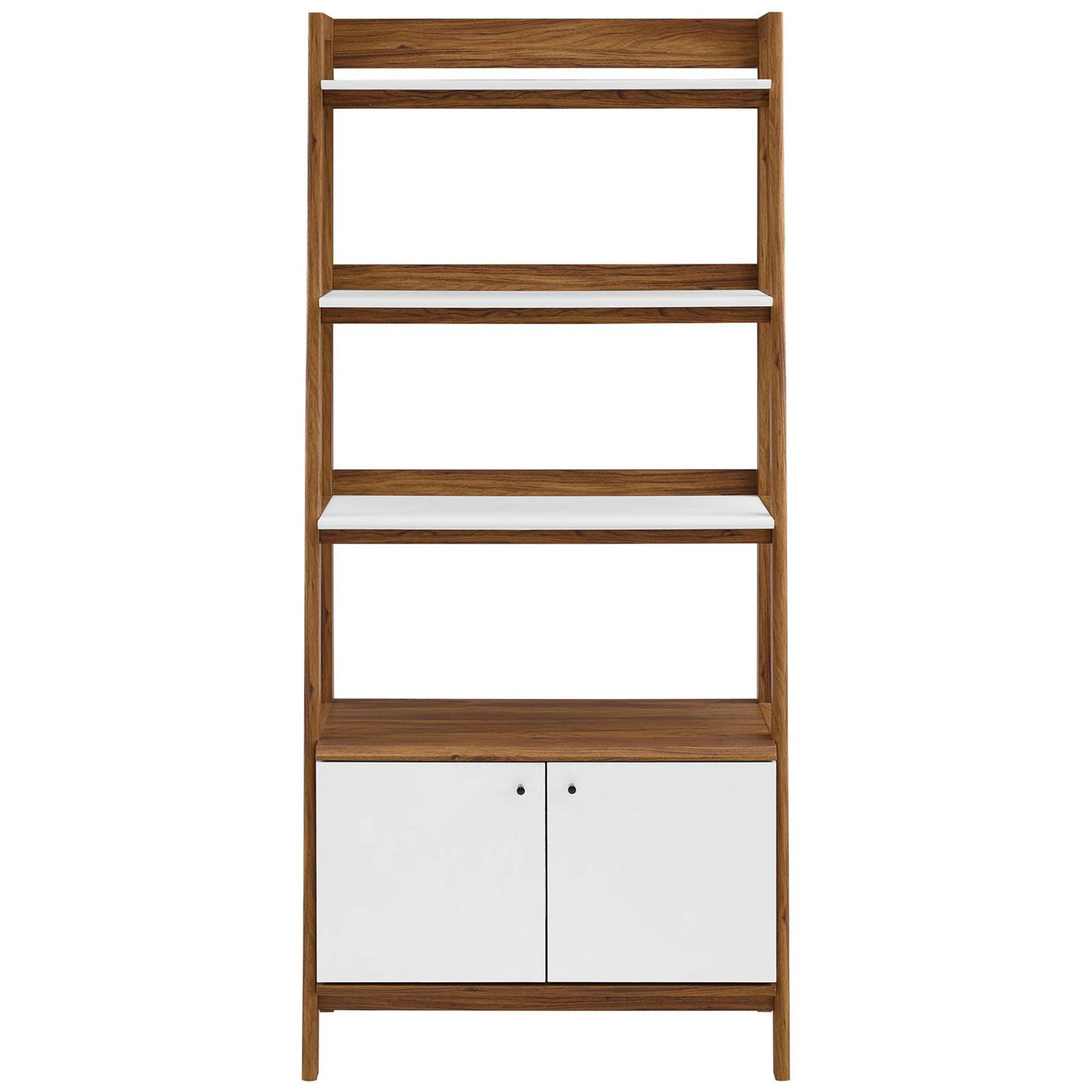 Clean-lined bookshelf with three white shelves over a walnut cabinet with minimalist pulls || EEI-4656-WAL-WHI || front_studio