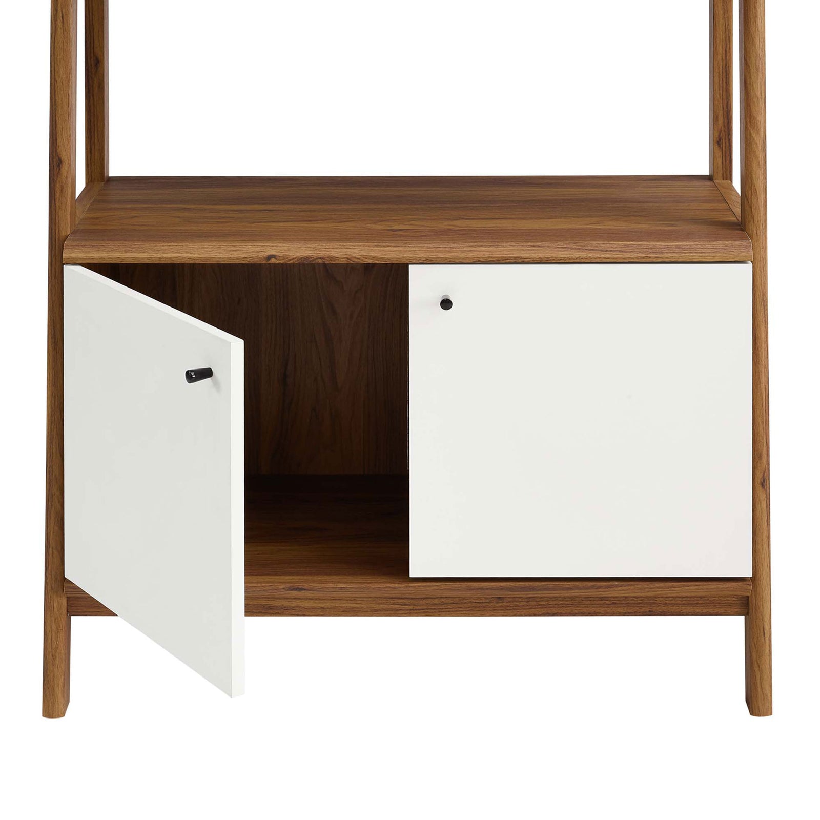 Concealed cabinet opens to reveal spacious storage behind two crisp white doors || EEI-4656-WAL-WHI || storage_open_studio