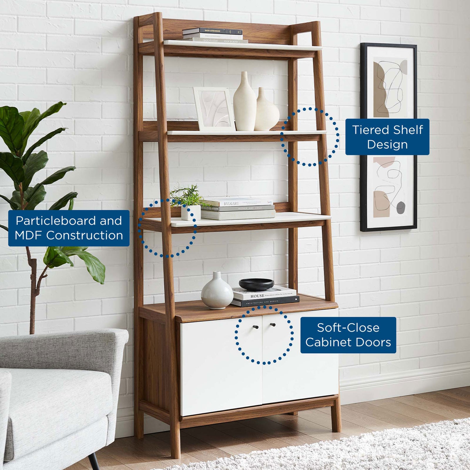 Tiered design with white shelves, soft-close cabinet doors, and durable particleboard and MDF build || EEI-4656-WAL-WHI || callout_room