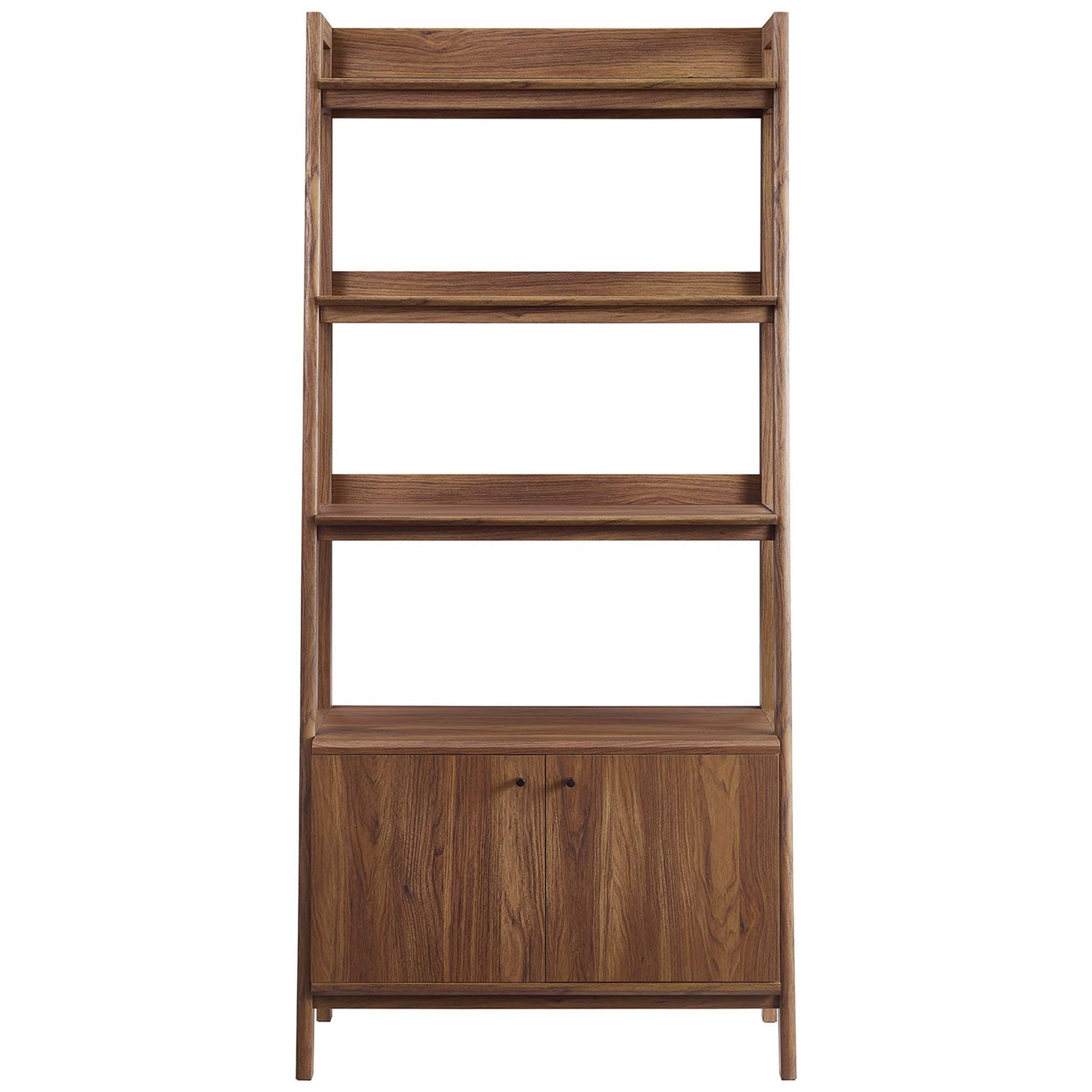 Tiered walnut bookshelf with three open shelves and a lower cabinet for concealed storage || EEI-4656-WAL || front_studio