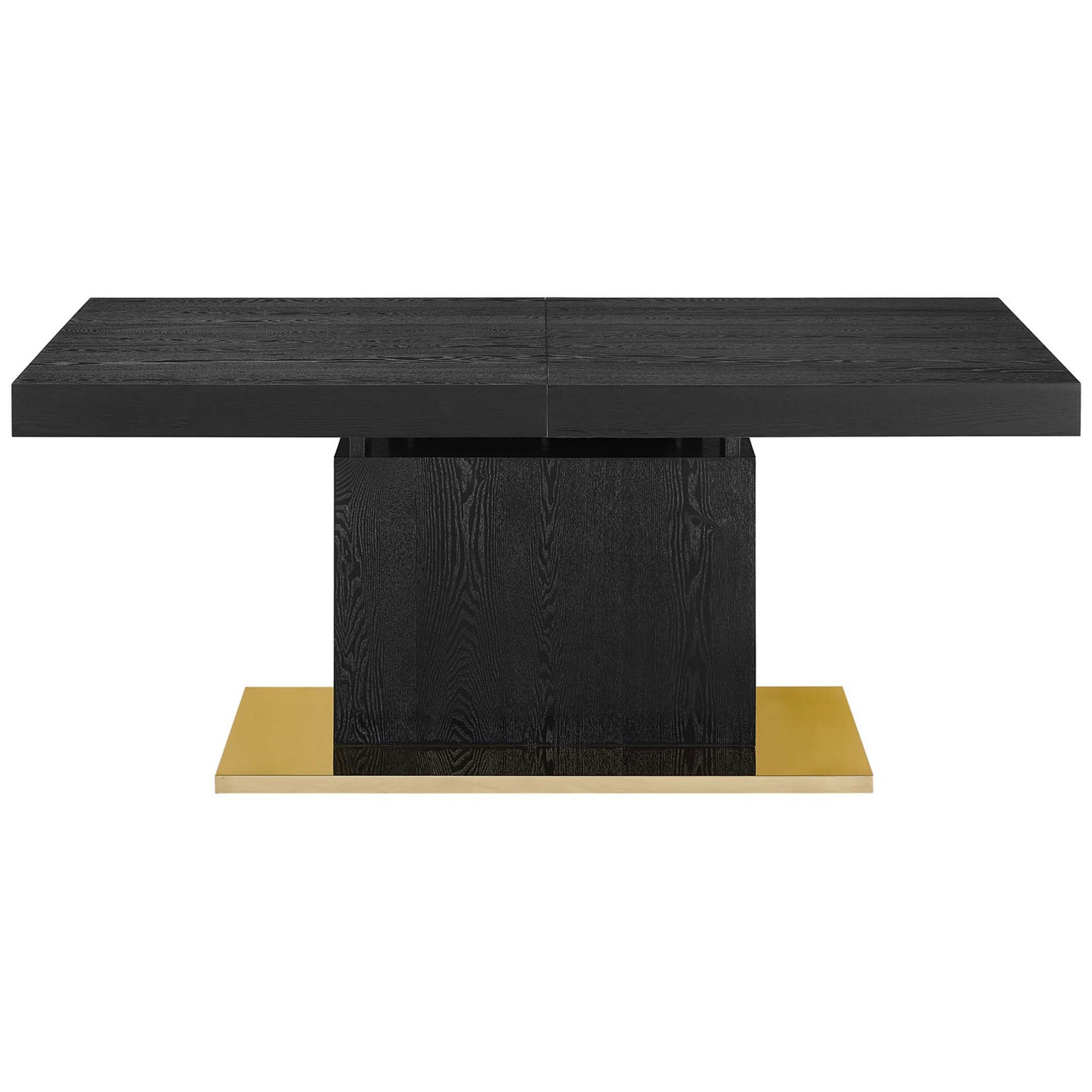 Rectangular black wood dining table with column base and gold floor plate in compact length || EEI-4660-BLK-GLD || front_studio