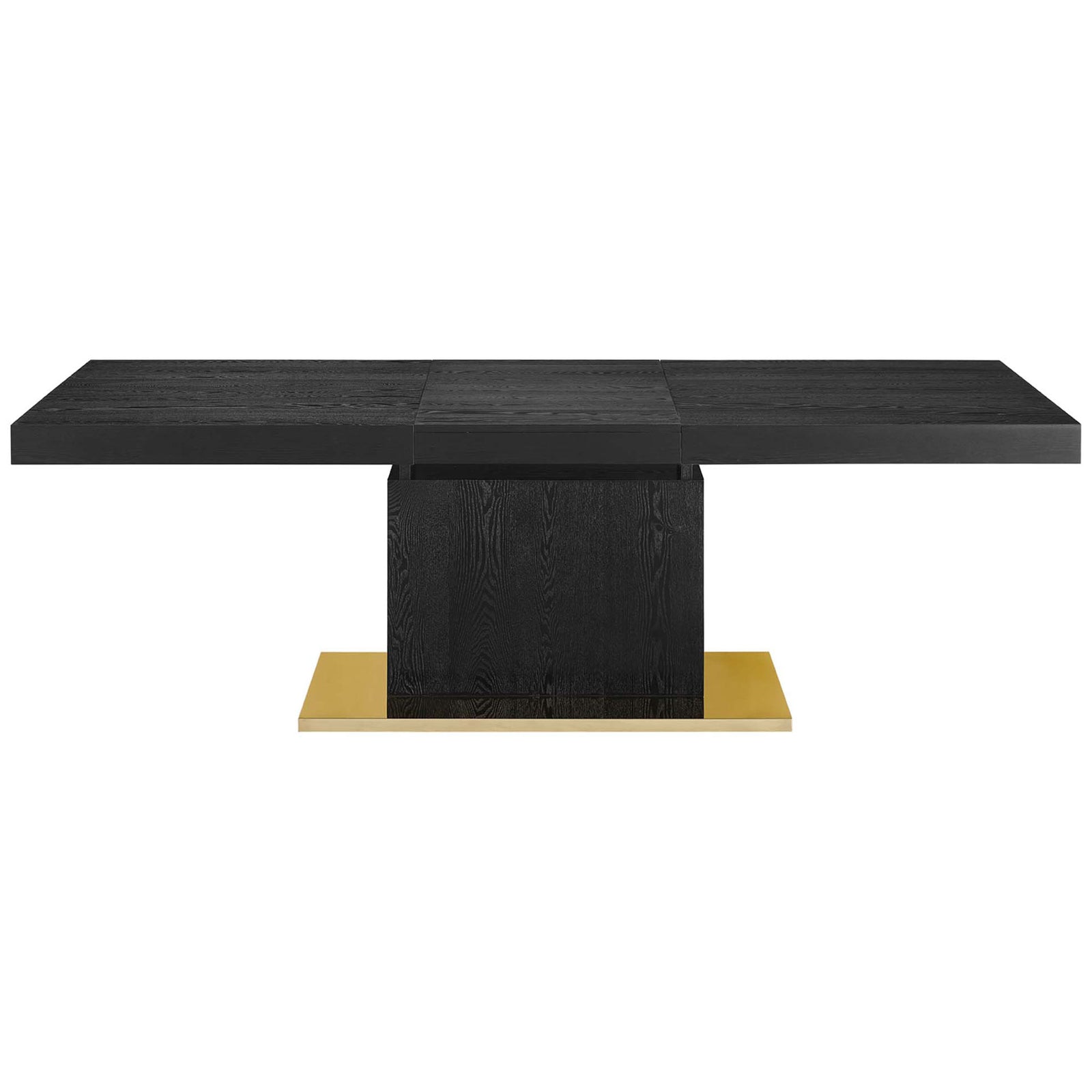 Vector dining table shown fully extended with long black wood top and modern gold base || EEI-4660-BLK-GLD || front_converted_studio