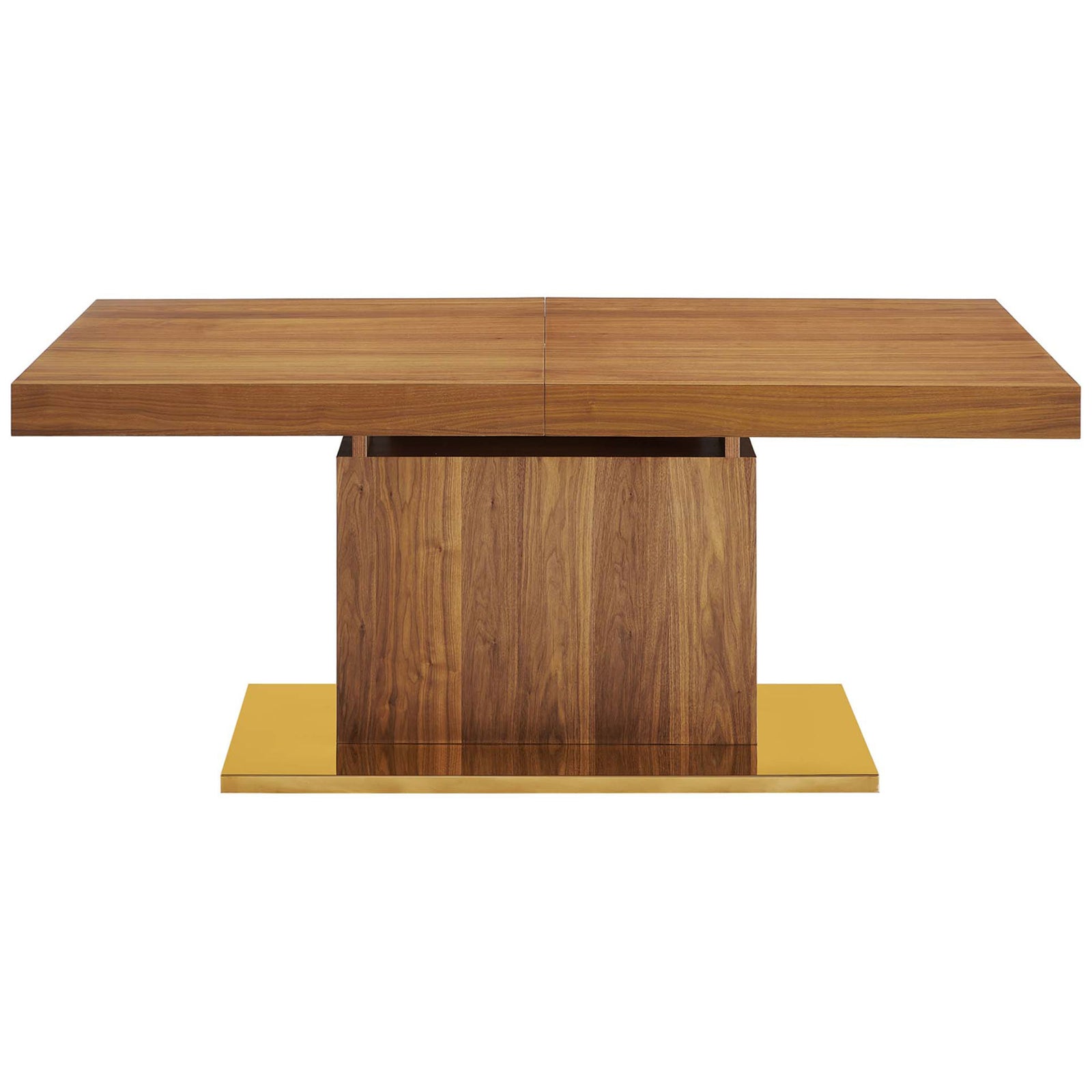 Walnut rectangular dining table with generous surface and modern pedestal base || EEI-4660-WAL-GLD || front_studio