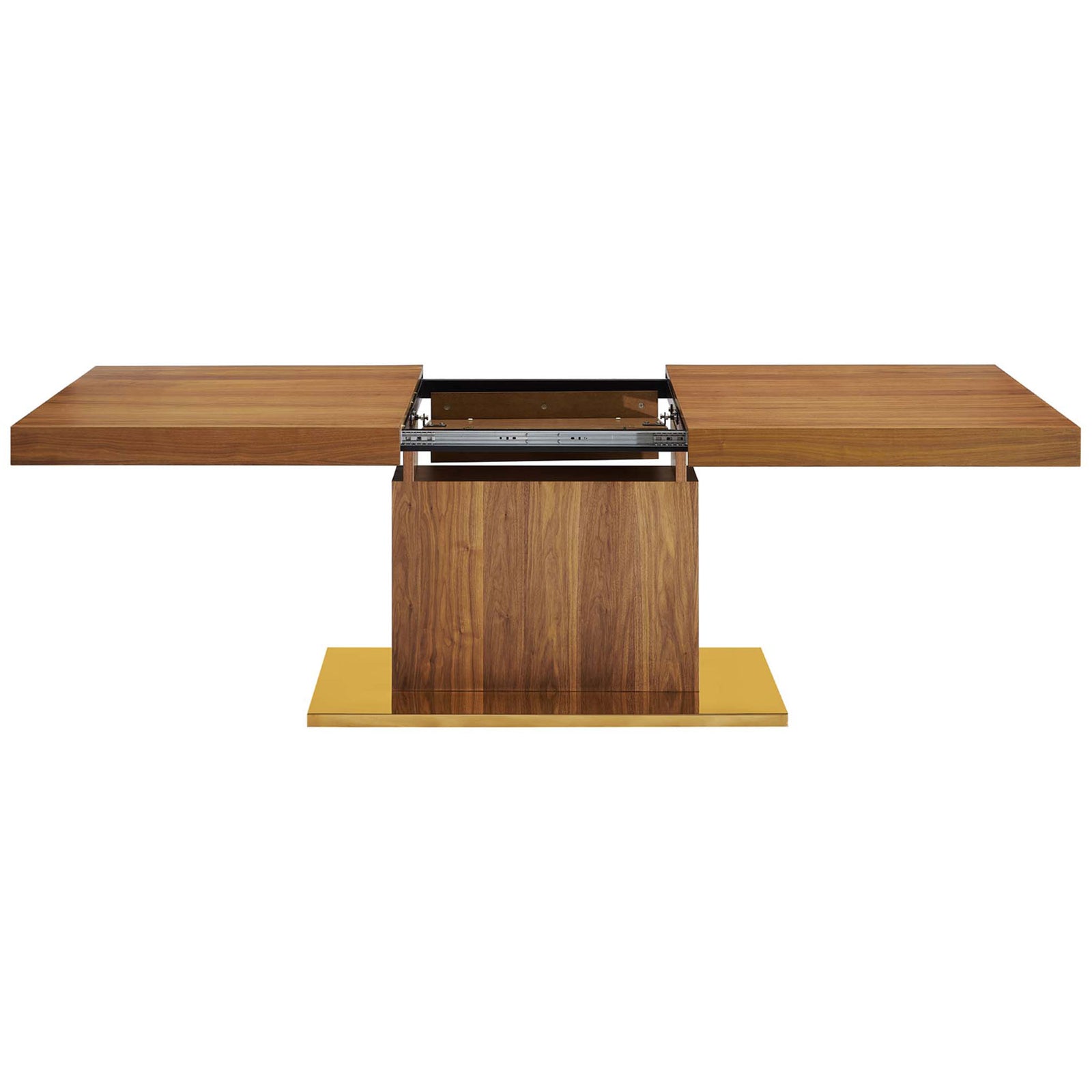 Expandable dining table with top glides open to reveal hidden butterfly leaf storage || EEI-4660-WAL-GLD || front_converted_studio