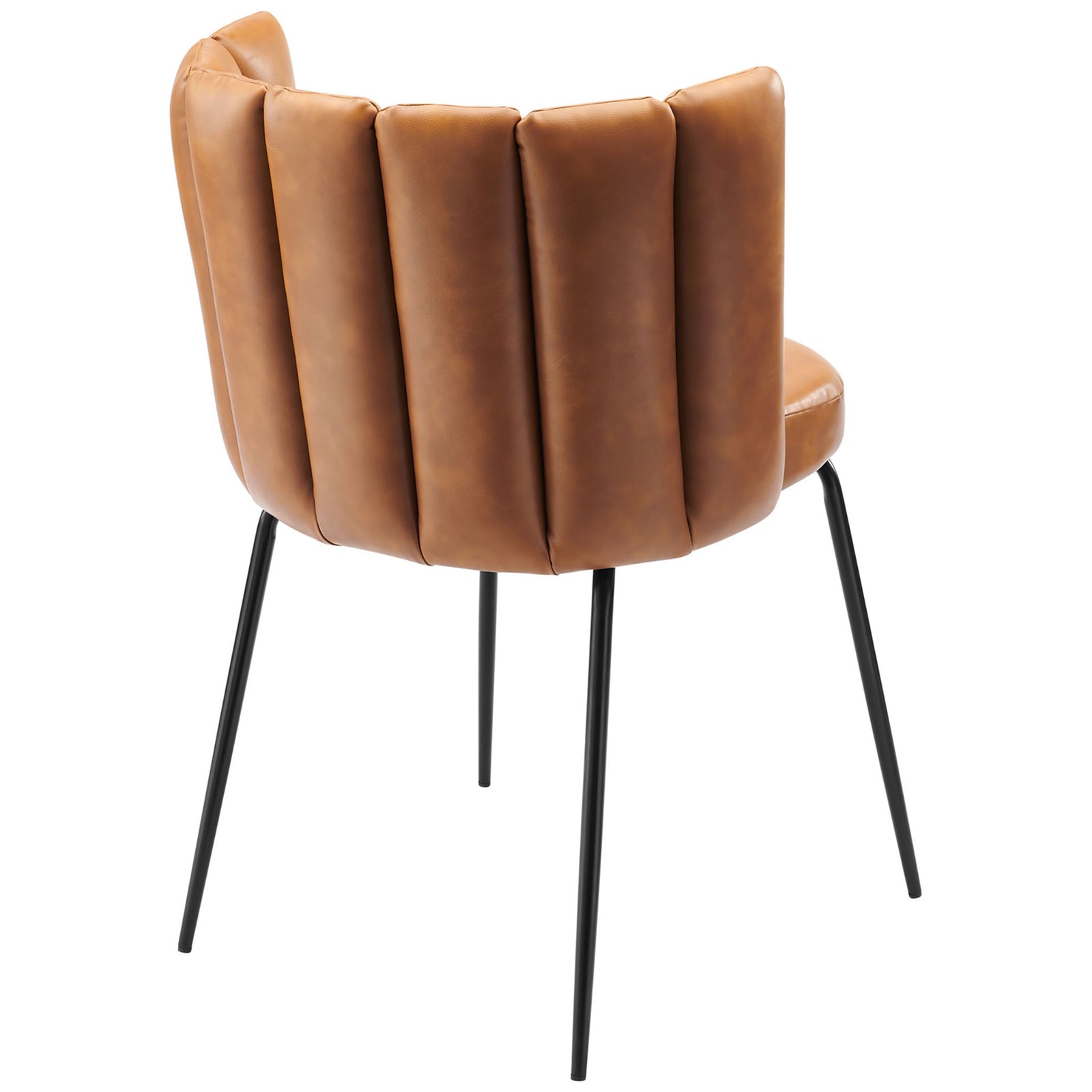 Sculpted channel-tufted back of tan vegan leather dining chair with slim black metal legs || EEI-4676-BLK-TAN || back_angle_studio