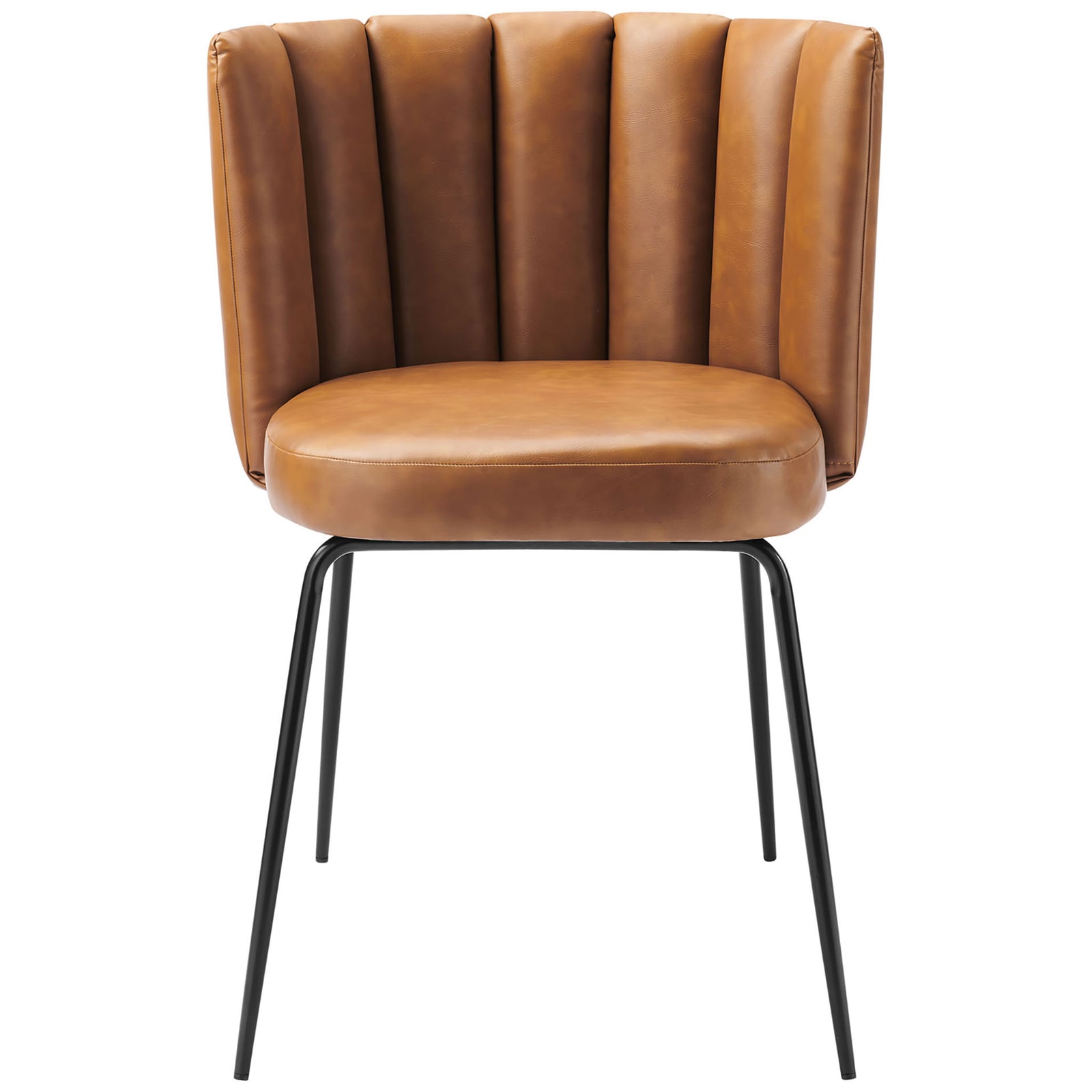 Channel-tufted tan vegan leather dining chair with plush seat and slender black metal legs || EEI-4676-BLK-TAN || front_studio