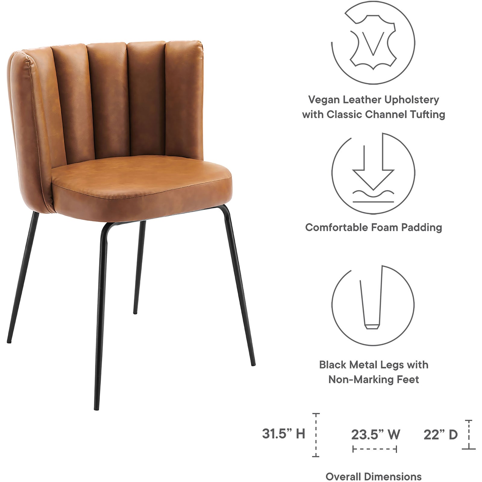 Tan vegan leather dining chair with channel tufting, plush padding, and icons showing its key features and dimensions || EEI-4676-BLK-TAN || dimension_studio