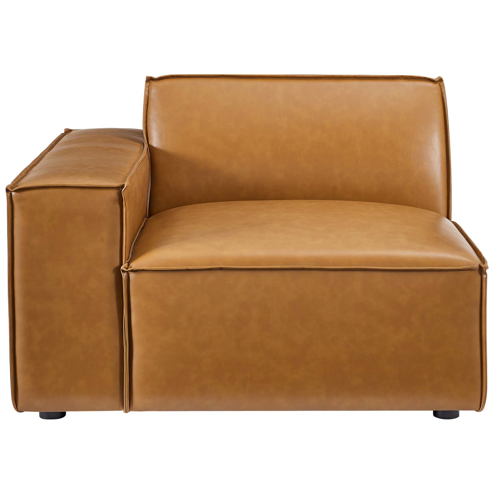 Front view of tan vegan leather modular chair with low back and generous single-seat cushion || EEI-4707-TAN || front_partial_studio