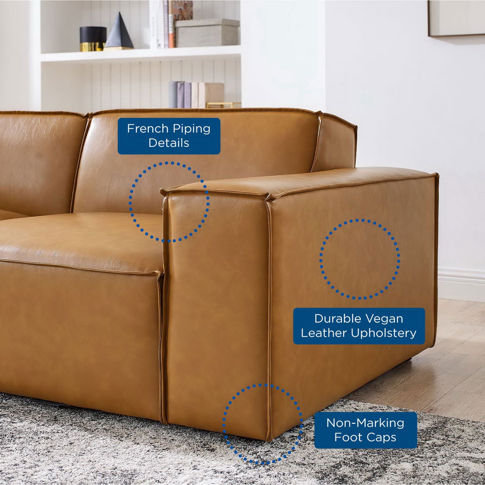 Tan vegan leather loveseat in room setting highlighting piping, durable upholstery, and non-marking foot caps || EEI-4707-TAN || callout_room