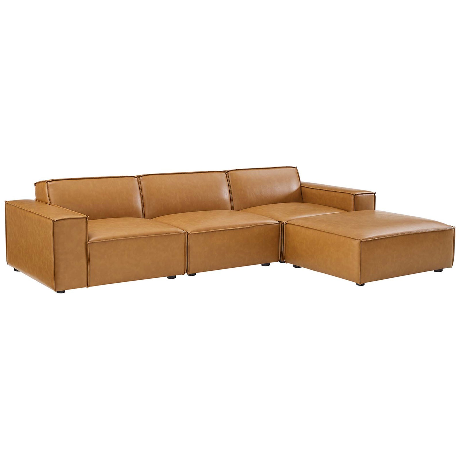 Tan vegan leather modular sectional with chaise ottoman and low-profile modern silhouette || EEI-4709-TAN || front_angle_studio