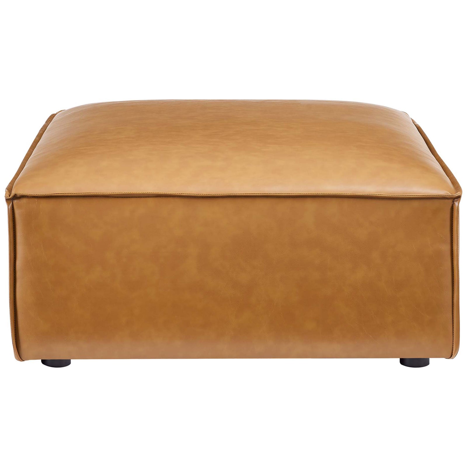 Oversized tan vegan leather ottoman with plush top cushion that pairs with the Restore modular sectional || EEI-4711-TAN || front_partial_studio