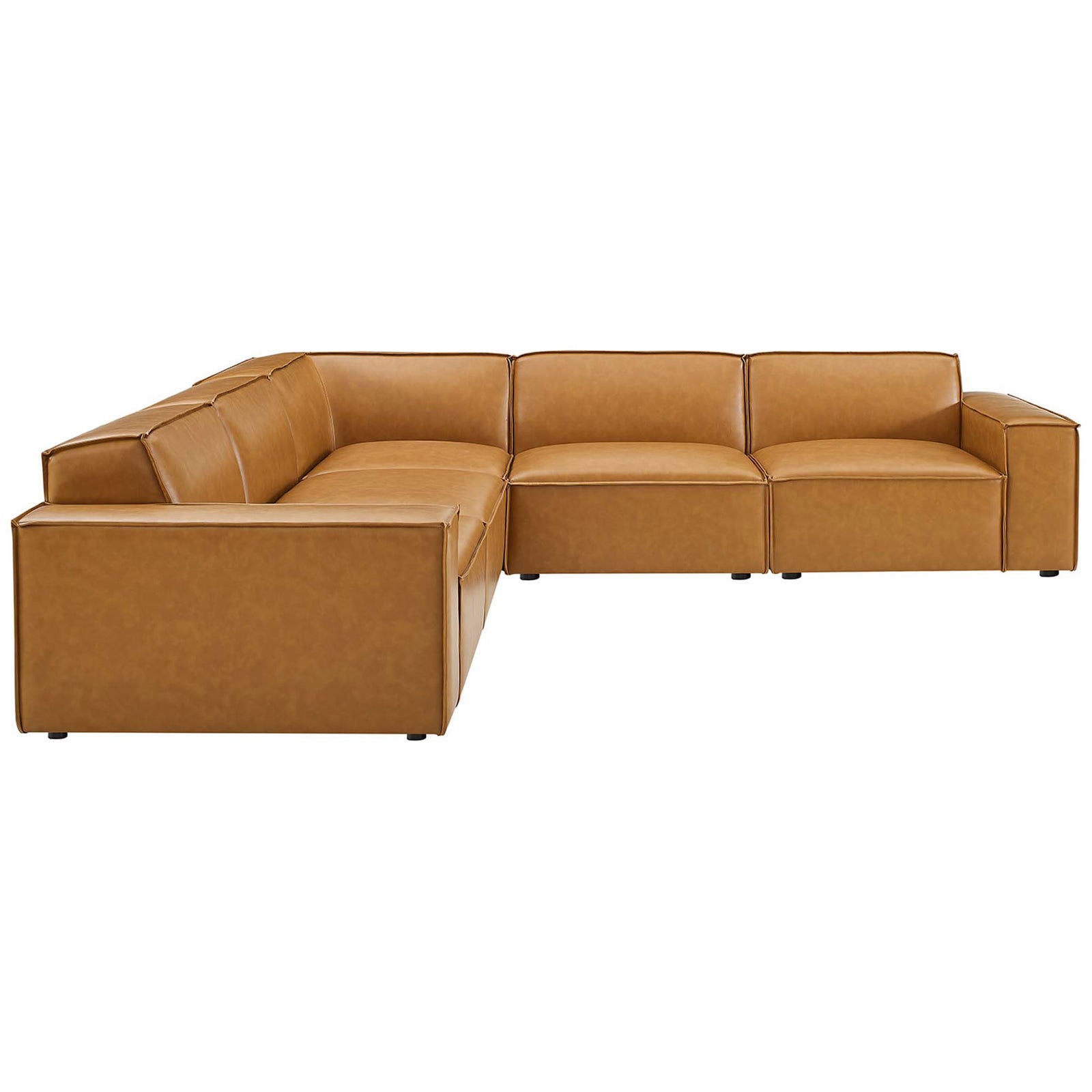Spacious tan vegan leather sectional in an open L-shape with deep seats and supportive back cushions || EEI-4712-TAN || side_studio