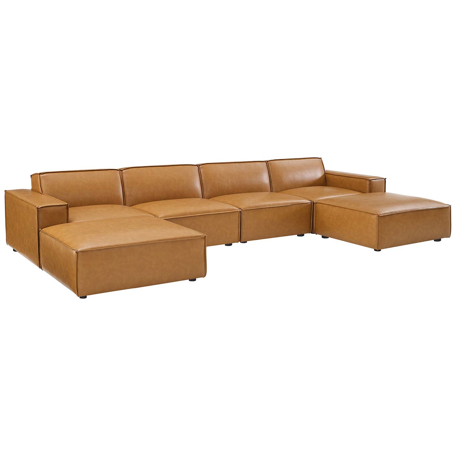 Modern tan vegan leather 6-piece sectional with broad cushions and relaxed lounge-ready chaise layout || EEI-4713-TAN || front_angle_studio