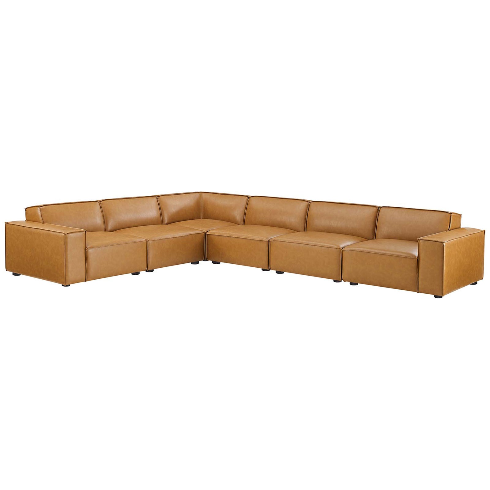 Tan vegan leather modular sectional with low back, broad seats, and clean French piping edges || EEI-4715-TAN || front_angle_studio