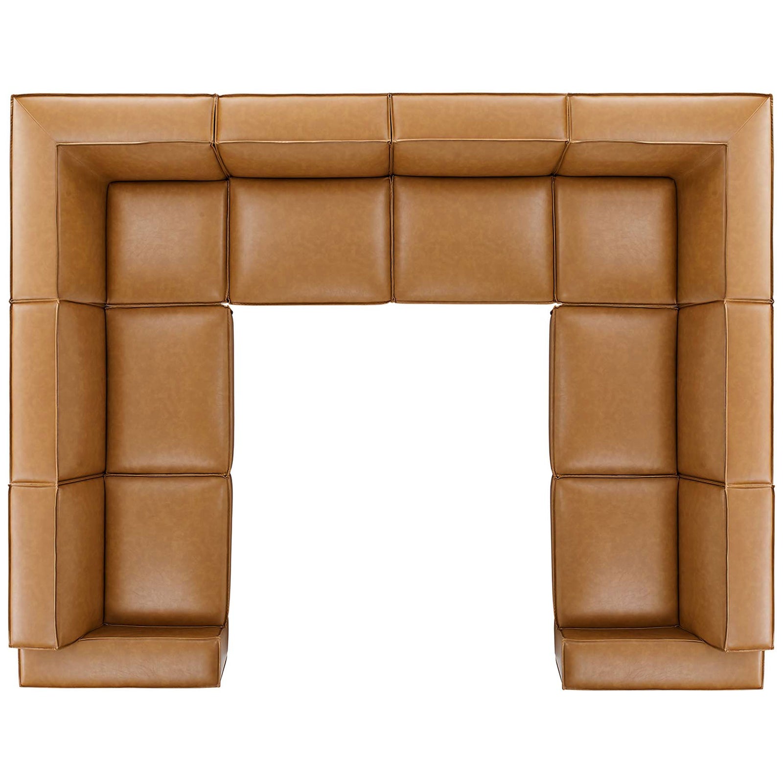 Modular tan vegan leather sectional arranged in a spacious U-shape with wide, generously padded seats || EEI-4717-TAN || top_studio