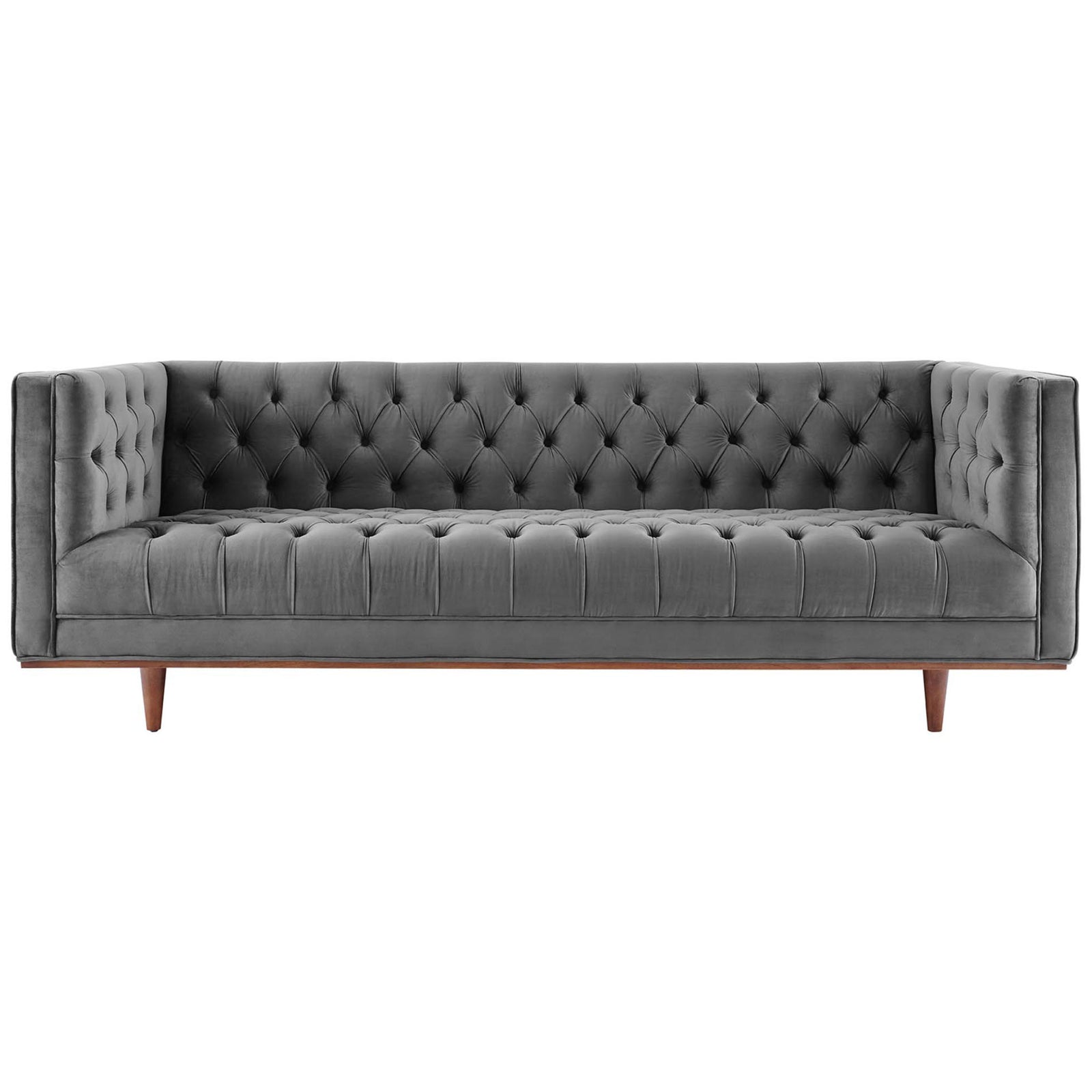 Button-tufted gray velvet sofa with shelter arms and generous bench-style seat || EEI-4722-GRY || front_studio