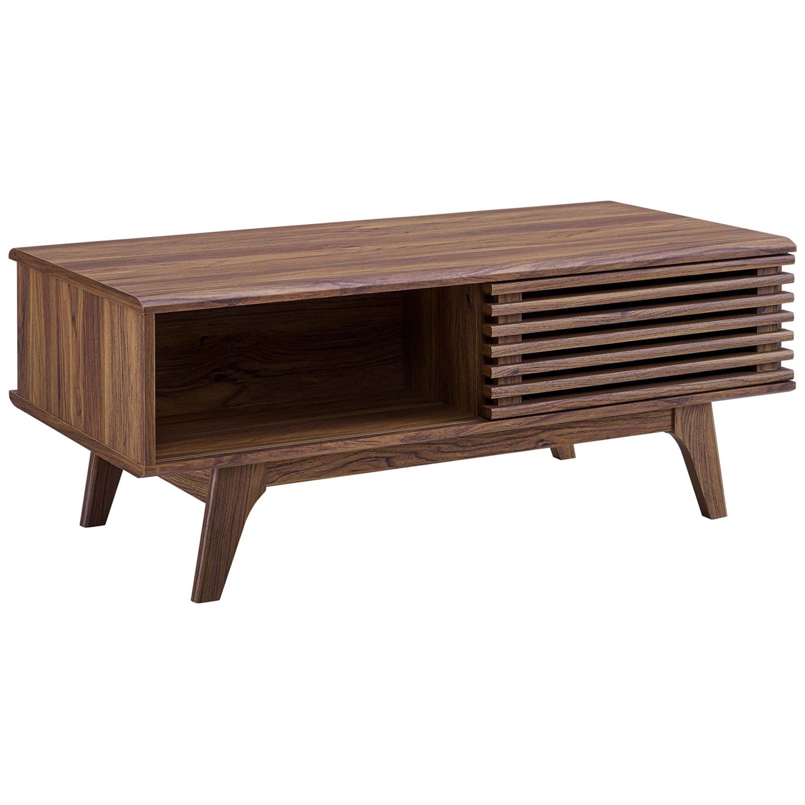 Clean lines and walnut grain bring mid-century charm to this coffee table with open shelf and sliding door || EEI-4724-WAL || front_angle_studio