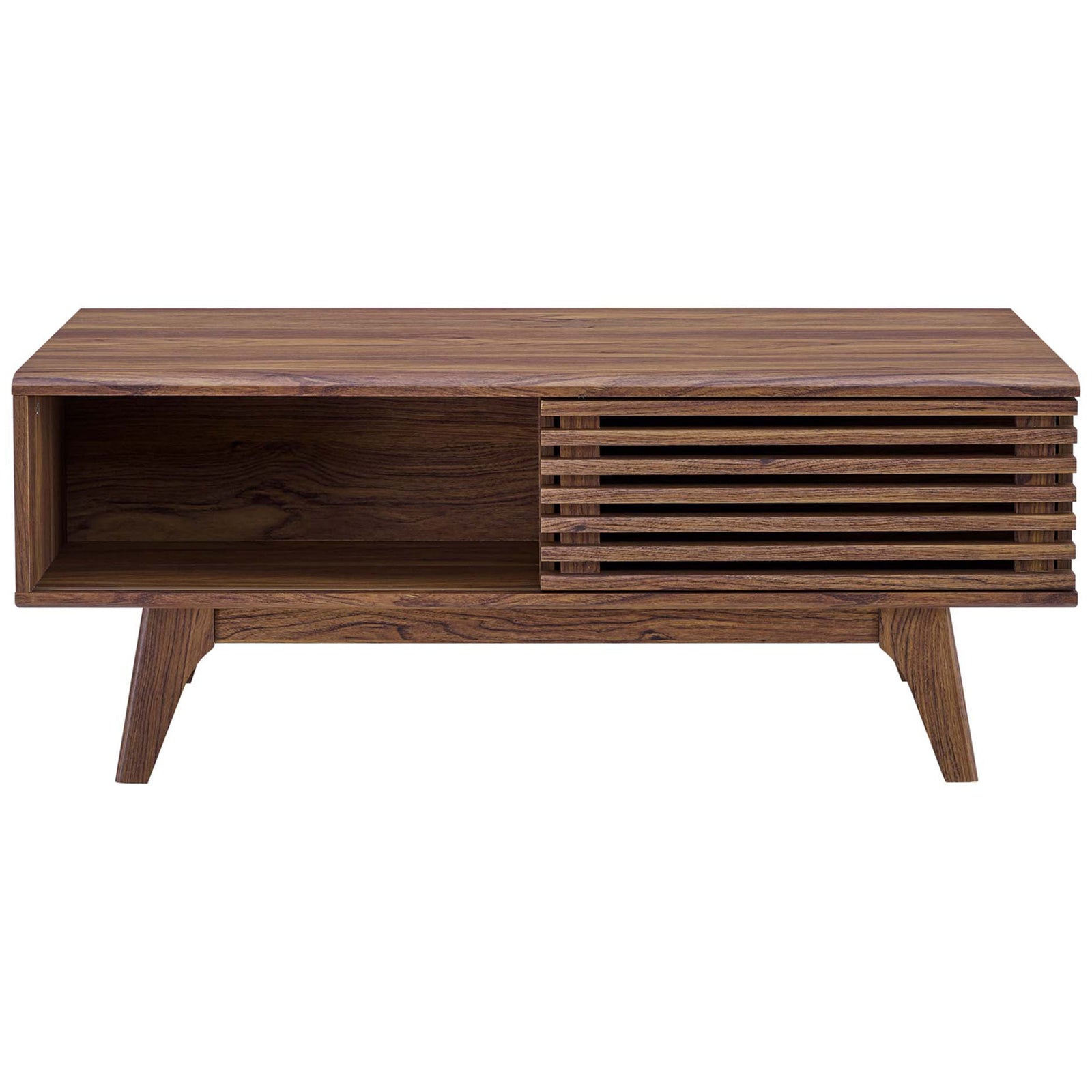 Mid-century walnut coffee table with a sliding slatted door and open shelf on splayed legs || EEI-4724-WAL || front_studio