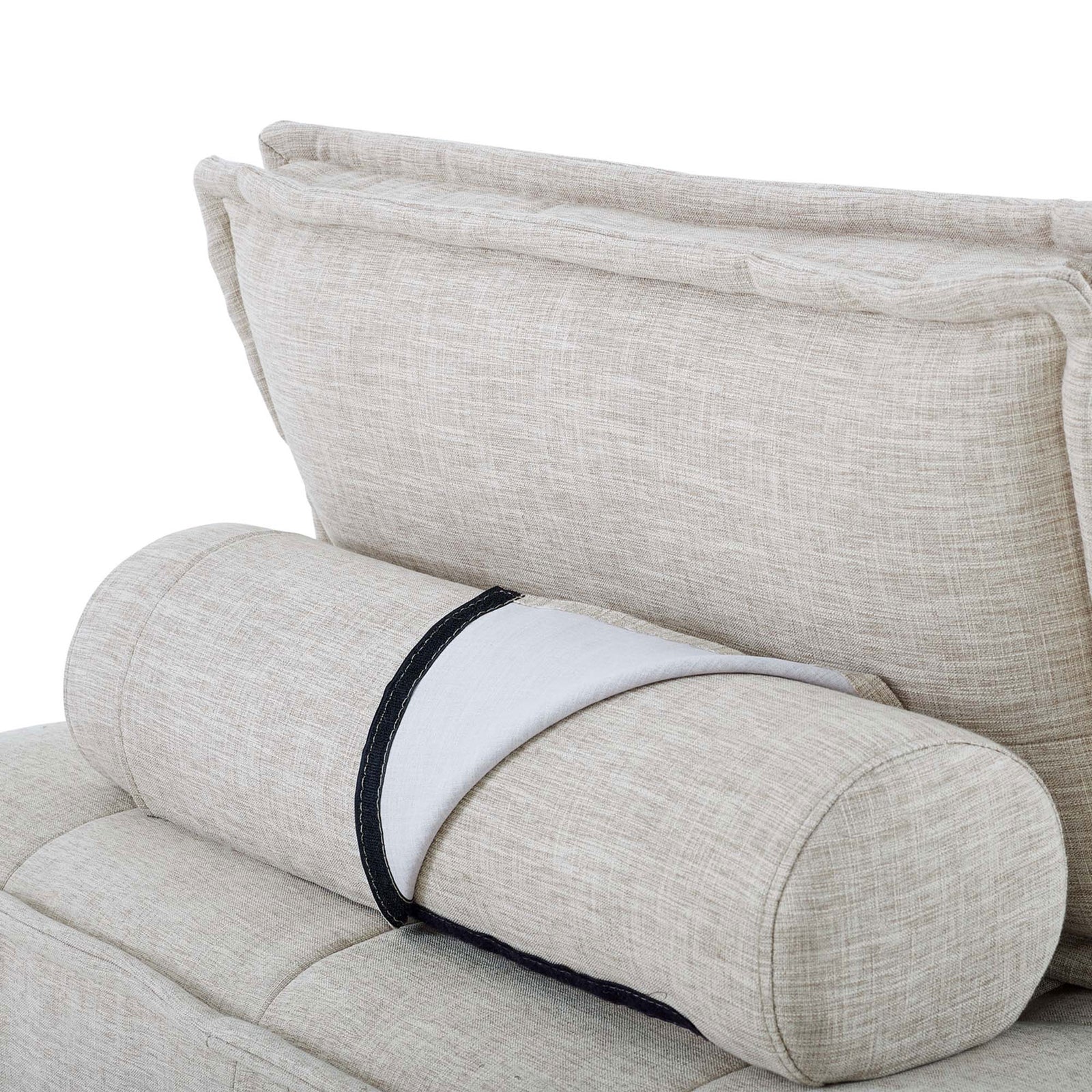 Removable bolster pillow secures with an anti-skid strap behind the back cushion for added support. || EEI-4725-BEI || detail_studio