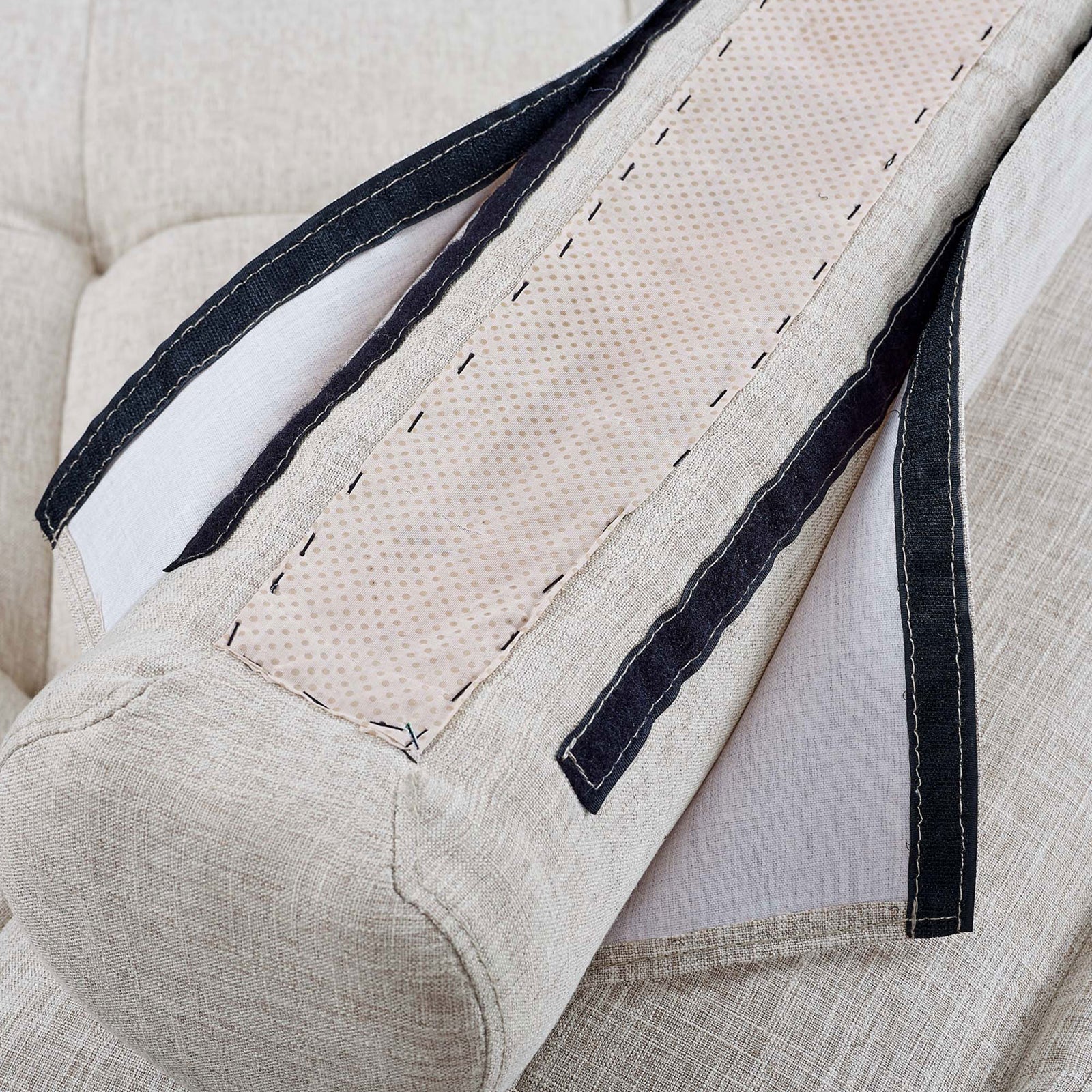 Anti-skid bolster strap with hook-and-loop fastening keeps the pillow neatly in place. || EEI-4725-BEI || detail_studio