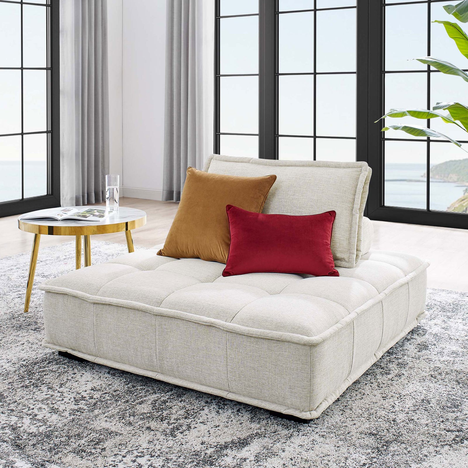 Modern armless lounge chair in beige upholstery with plush tufting and clean, low block legs. || EEI-4725-BEI || front_angle_room
