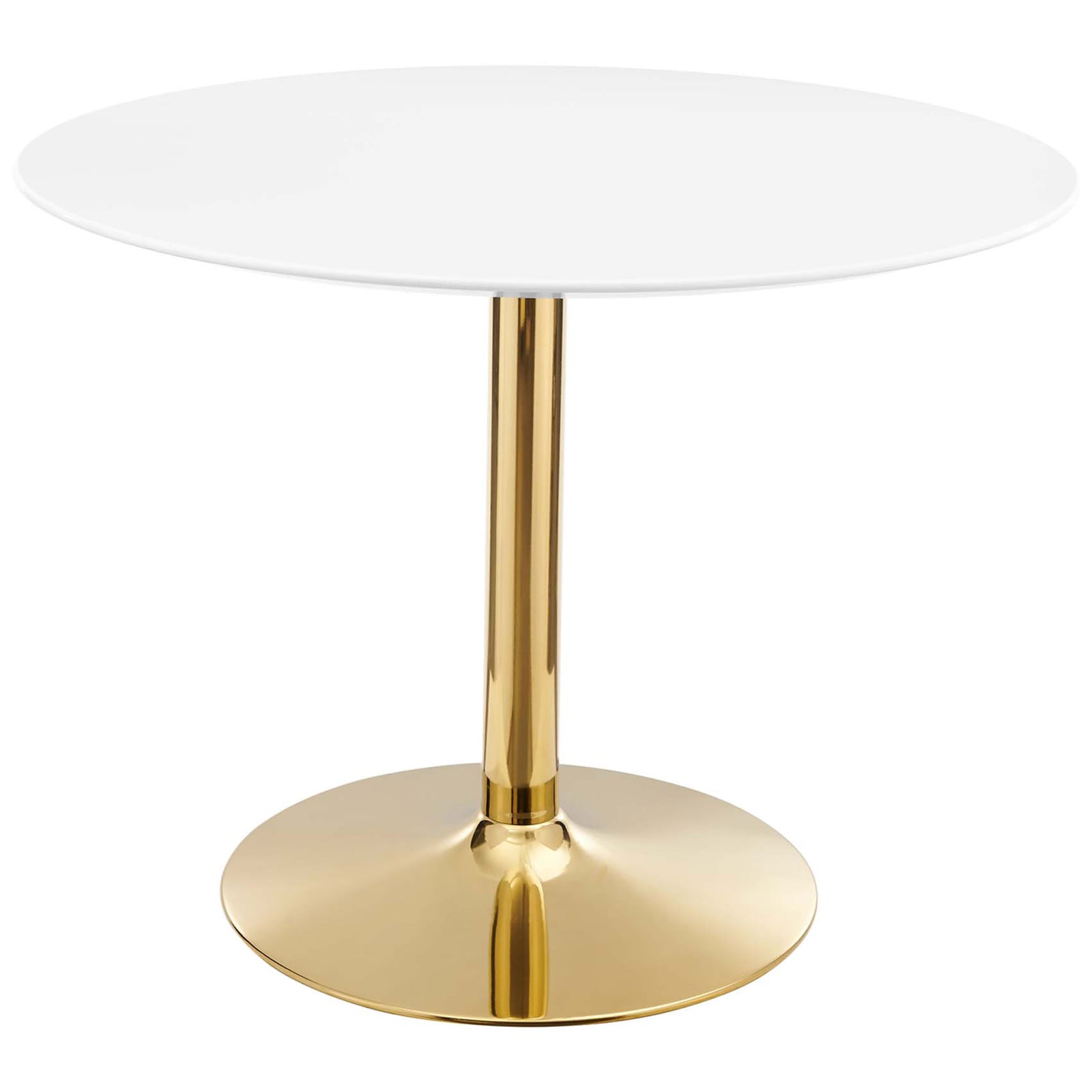 Sleek 40-inch round white dining table with polished gold pedestal base for modern gatherings || EEI-4748-GLD-WHI || front_studio