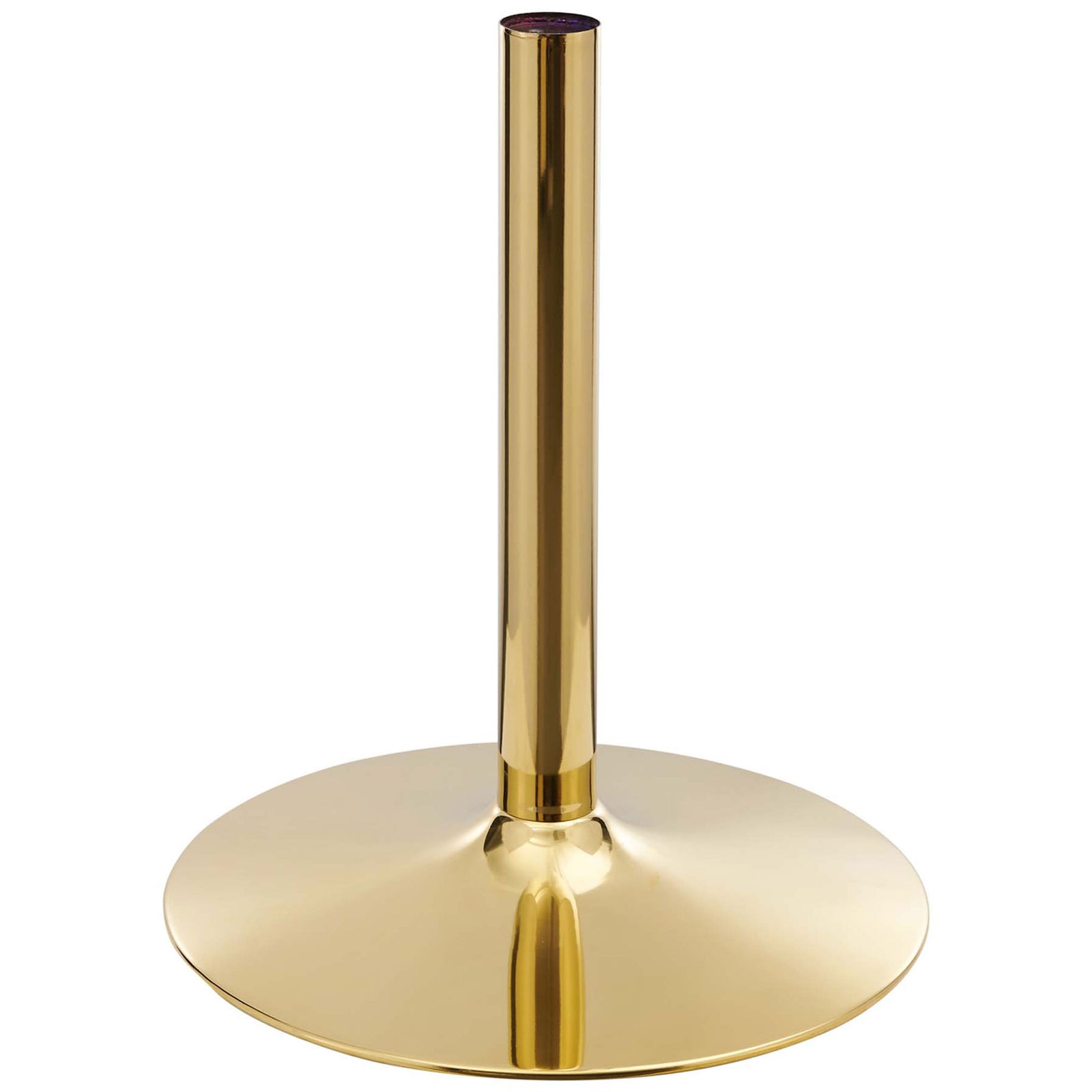 Shiny gold pedestal base with broad circular foot anchoring the Verne oval dining table || EEI-4750-GLD-WHI || leg_studio