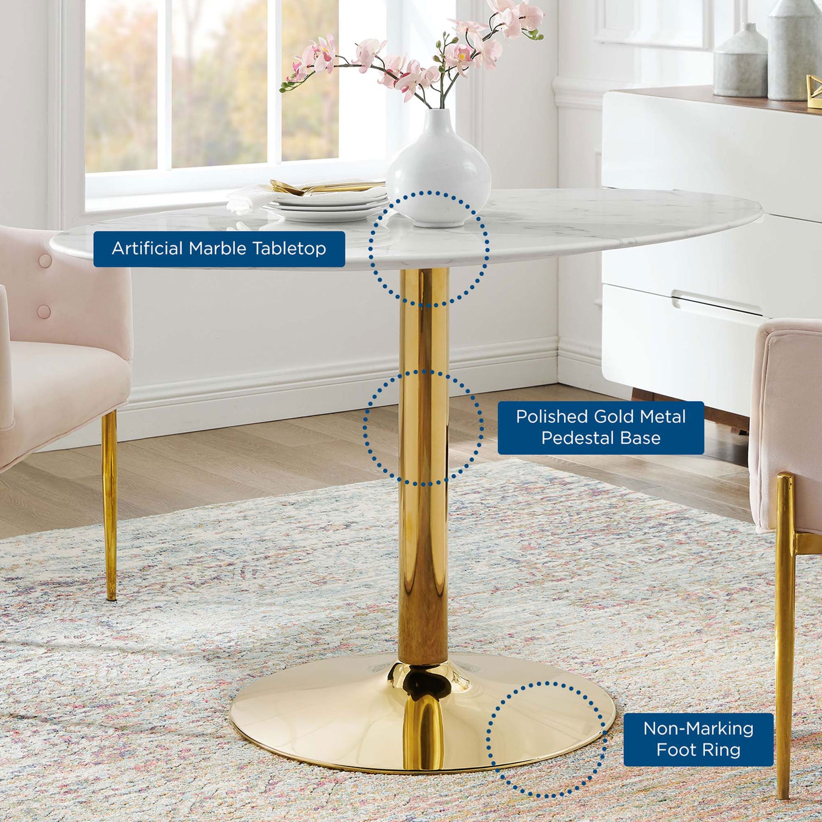 Verne oval dining table in a styled room showing marble top and gold base features || EEI-4752-GLD-WHI || callout_room