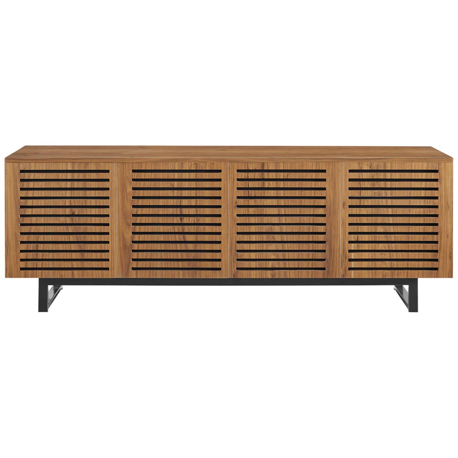 Walnut media console with slatted doors and black base for streamlined TV storage || EEI-4763-WAL || front_studio