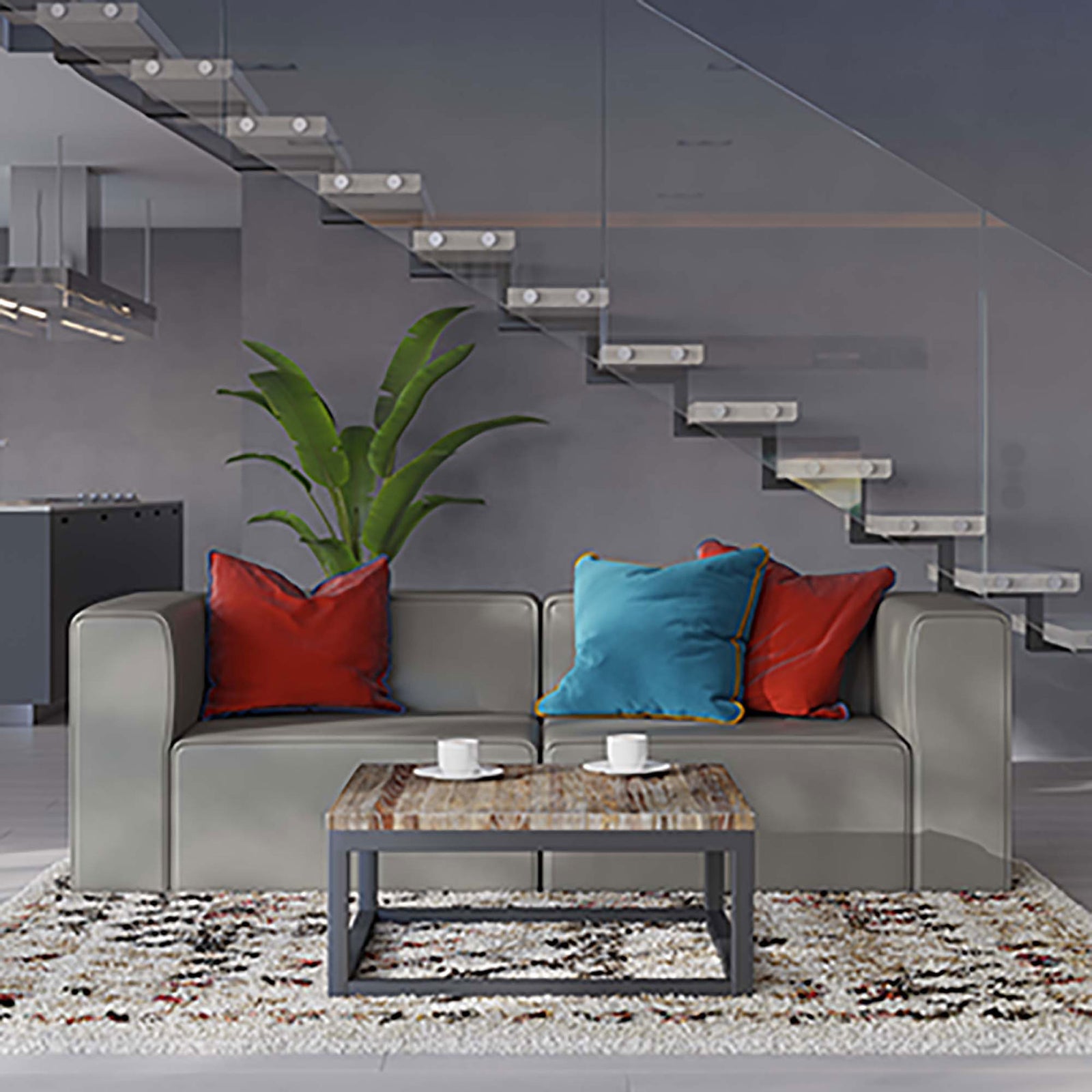Gray vegan leather loveseat styled in a bright modern living room with colorful accent pillows || EEI-4788-GRY || front_room