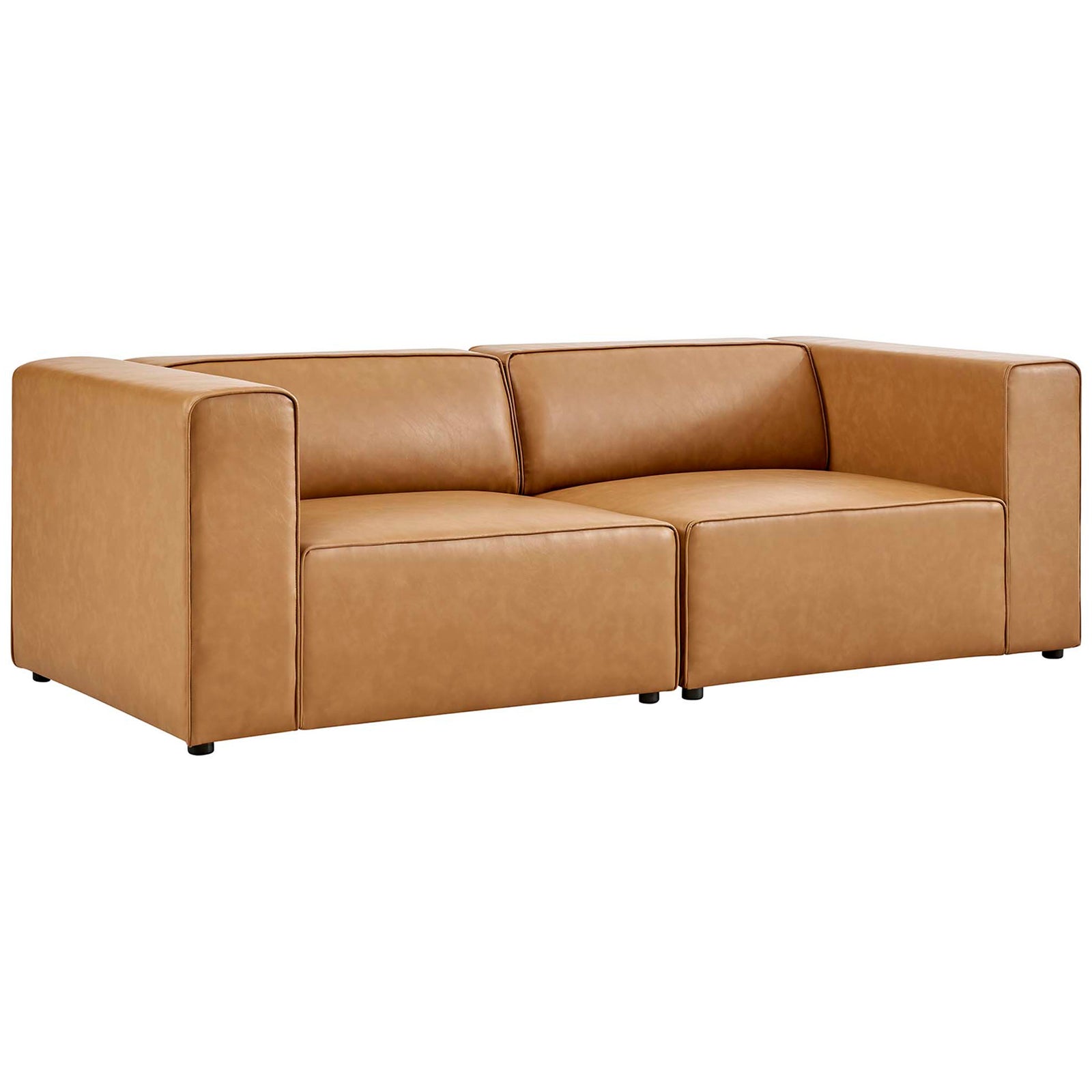 Tan vegan leather two-piece loveseat with wide track arms and deep, generously padded seat cushions || EEI-4788-TAN || front_angle_studio