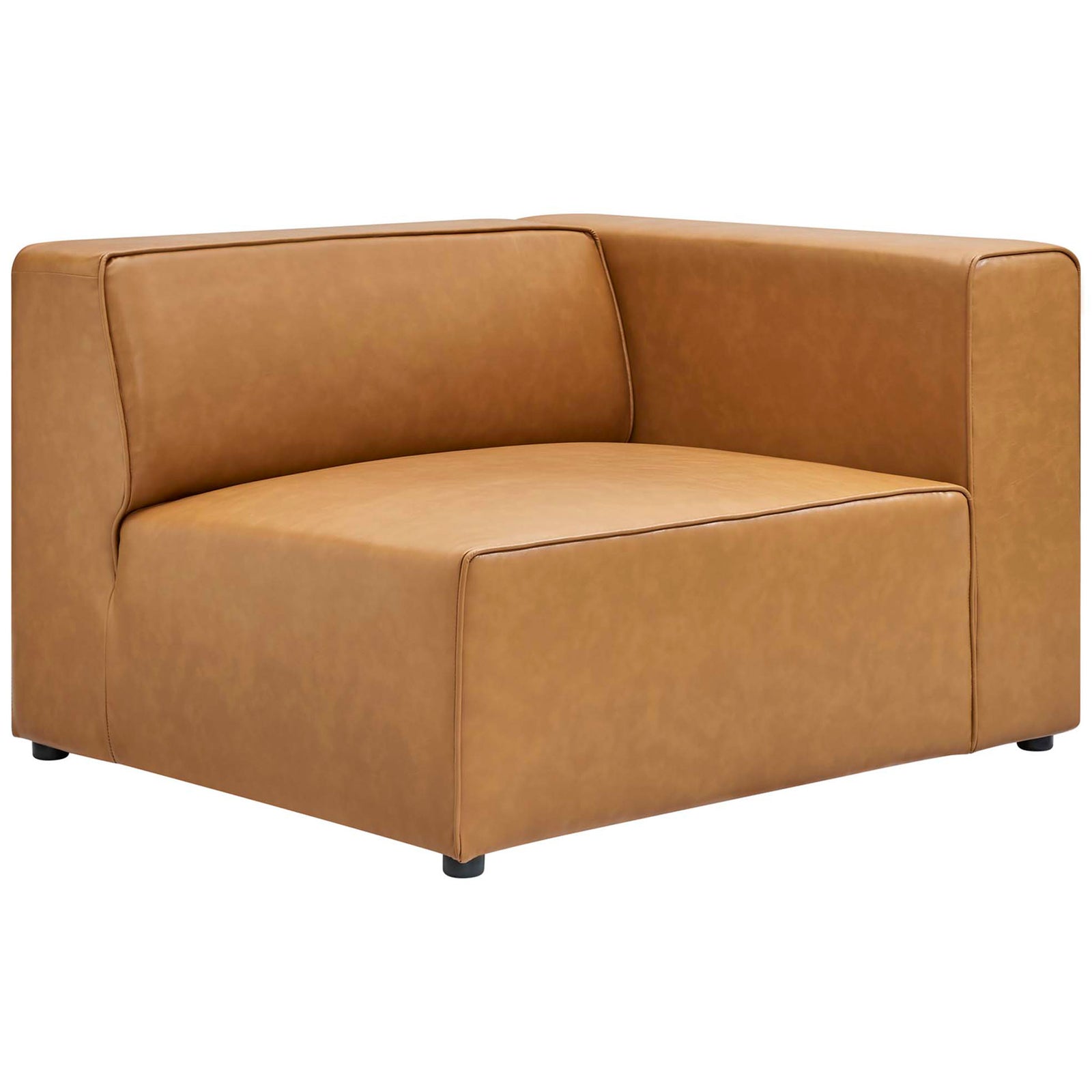 Right-arm tan vegan leather modular chair section with open left side and a wide, generously padded seat || EEI-4788-TAN || front_angle_partial_studio