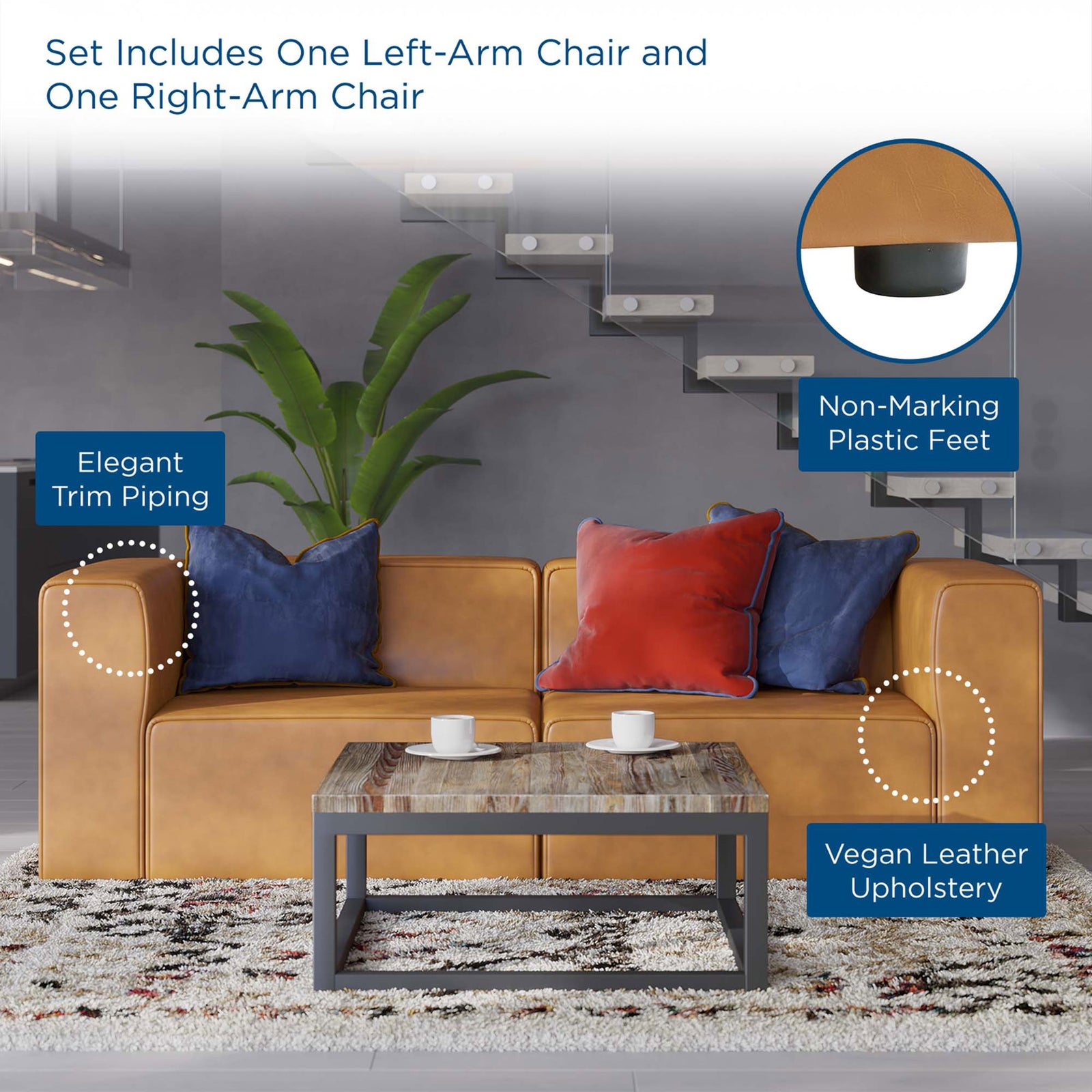 Tan vegan leather loveseat in a living room with pillows, showcasing piping, upholstery, and plastic feet || EEI-4788-TAN || callout_room